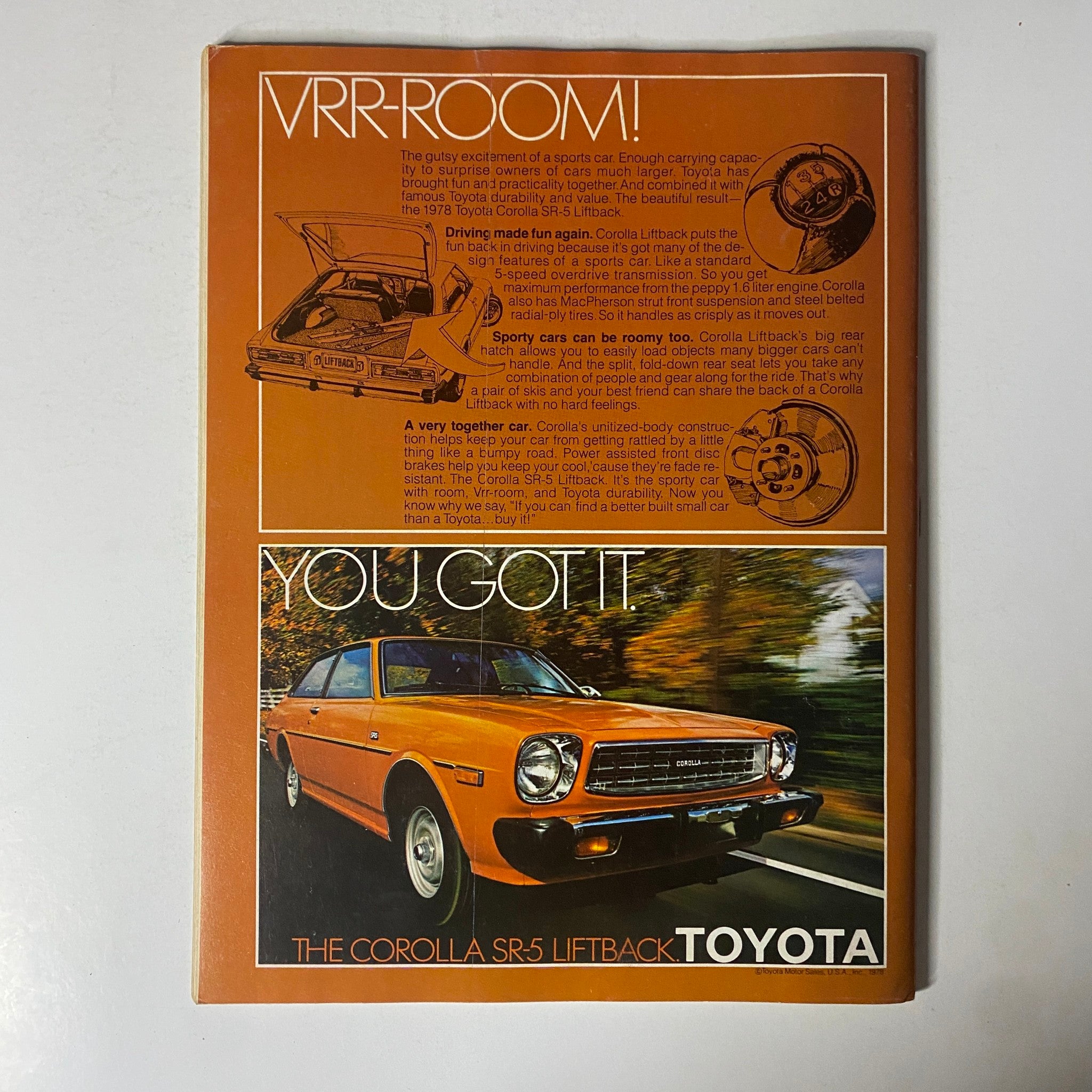 Esquire Magazine June 20, 1978 featuring an advertisement for the 1978 Toyota Corolla SR-5 Liftback, showcasing its sporty design and features.