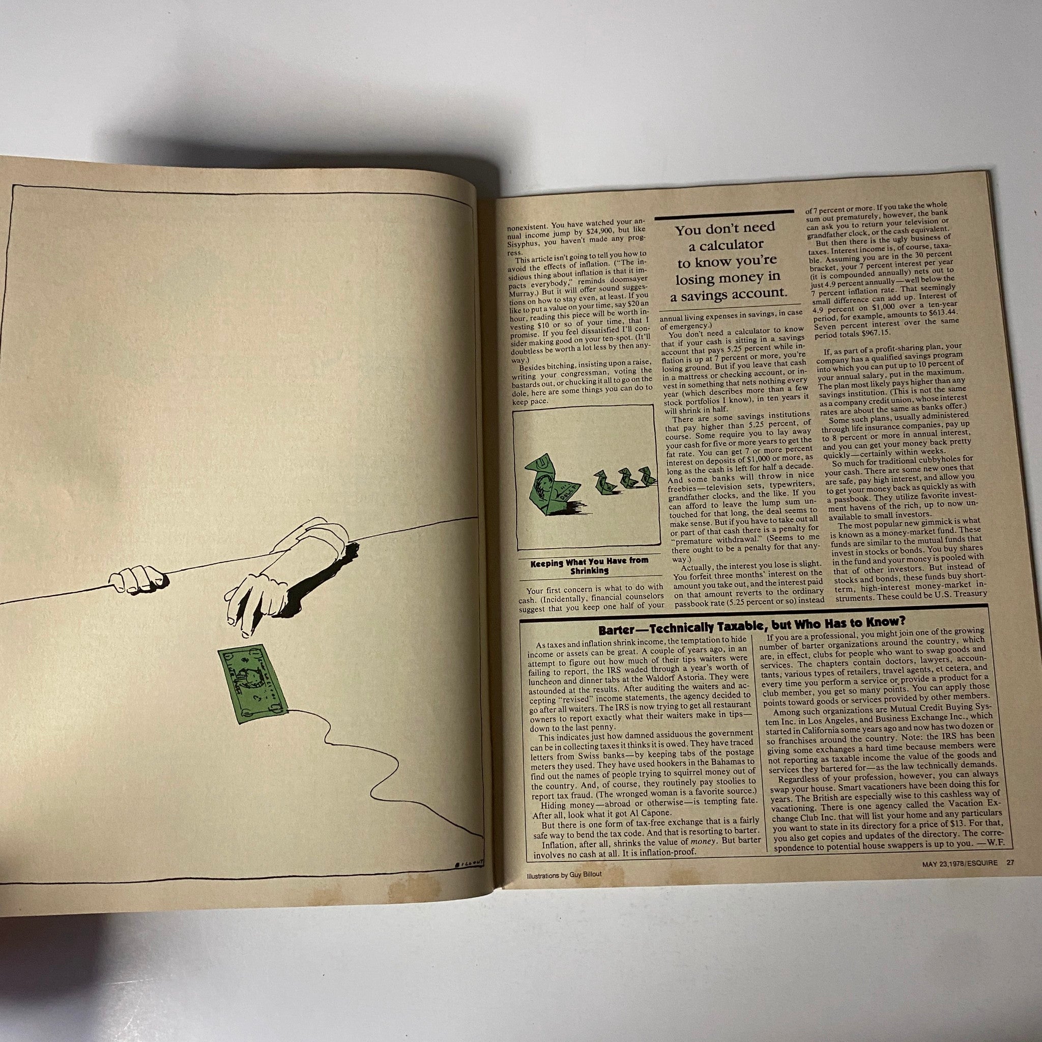 Inside page of Esquire Magazine May 23, 1978 titled 'The Squeezing of Americans', showcasing an illustration related to the article on losing money in savings accounts.