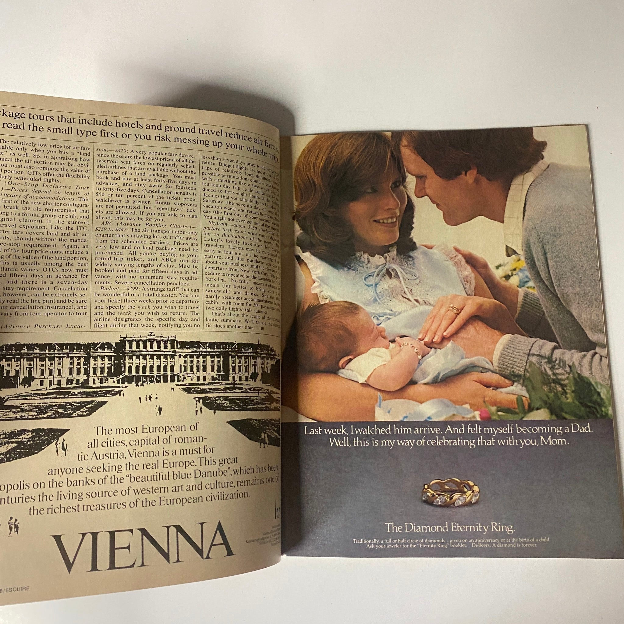 Inside pages of Esquire Magazine from May 9, 1978 showcasing an article on Vienna and a heartfelt family advertisement.