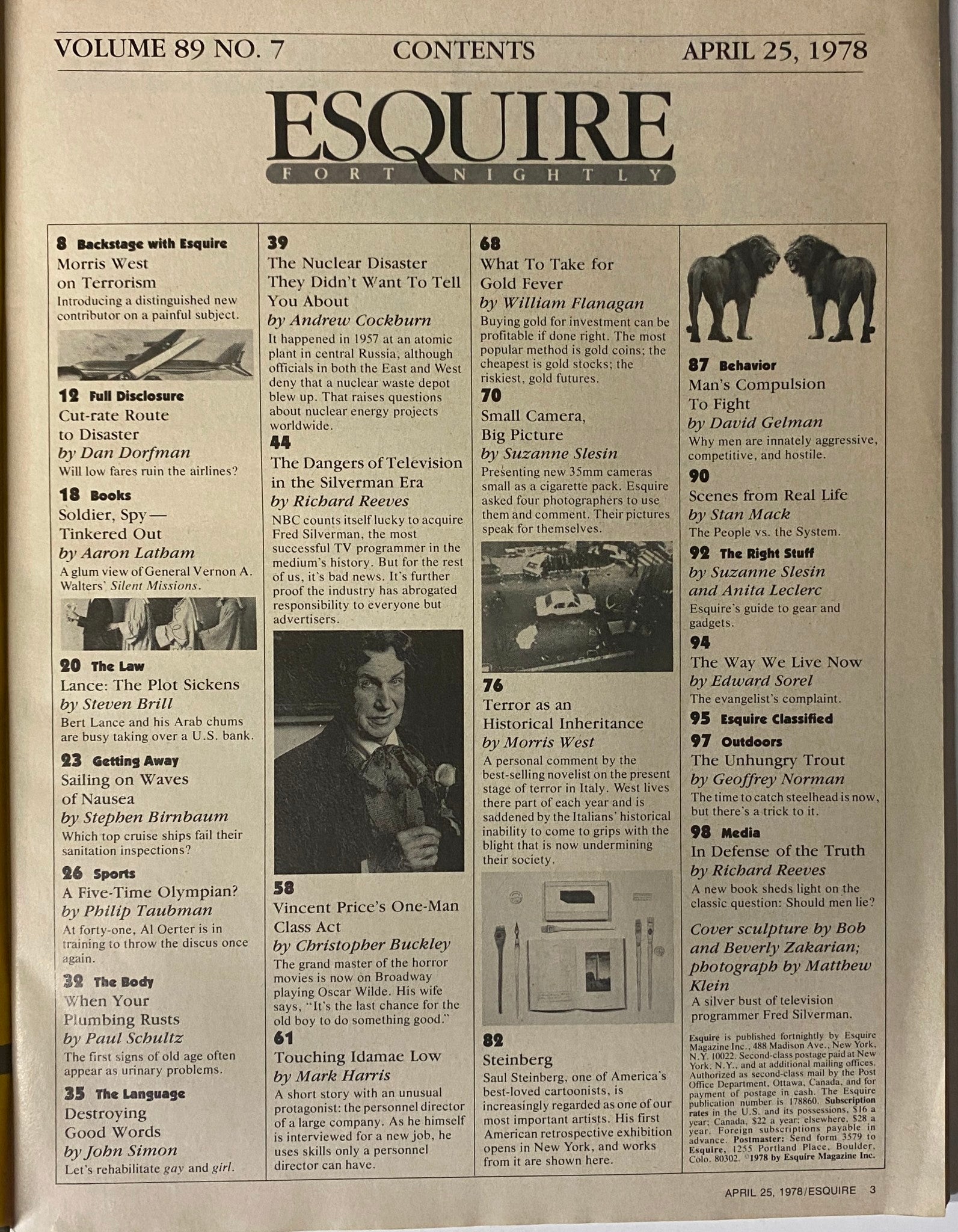 Contents page of Esquire Magazine April 25, 1978, featuring articles on the dangers of television and the nuclear disaster.