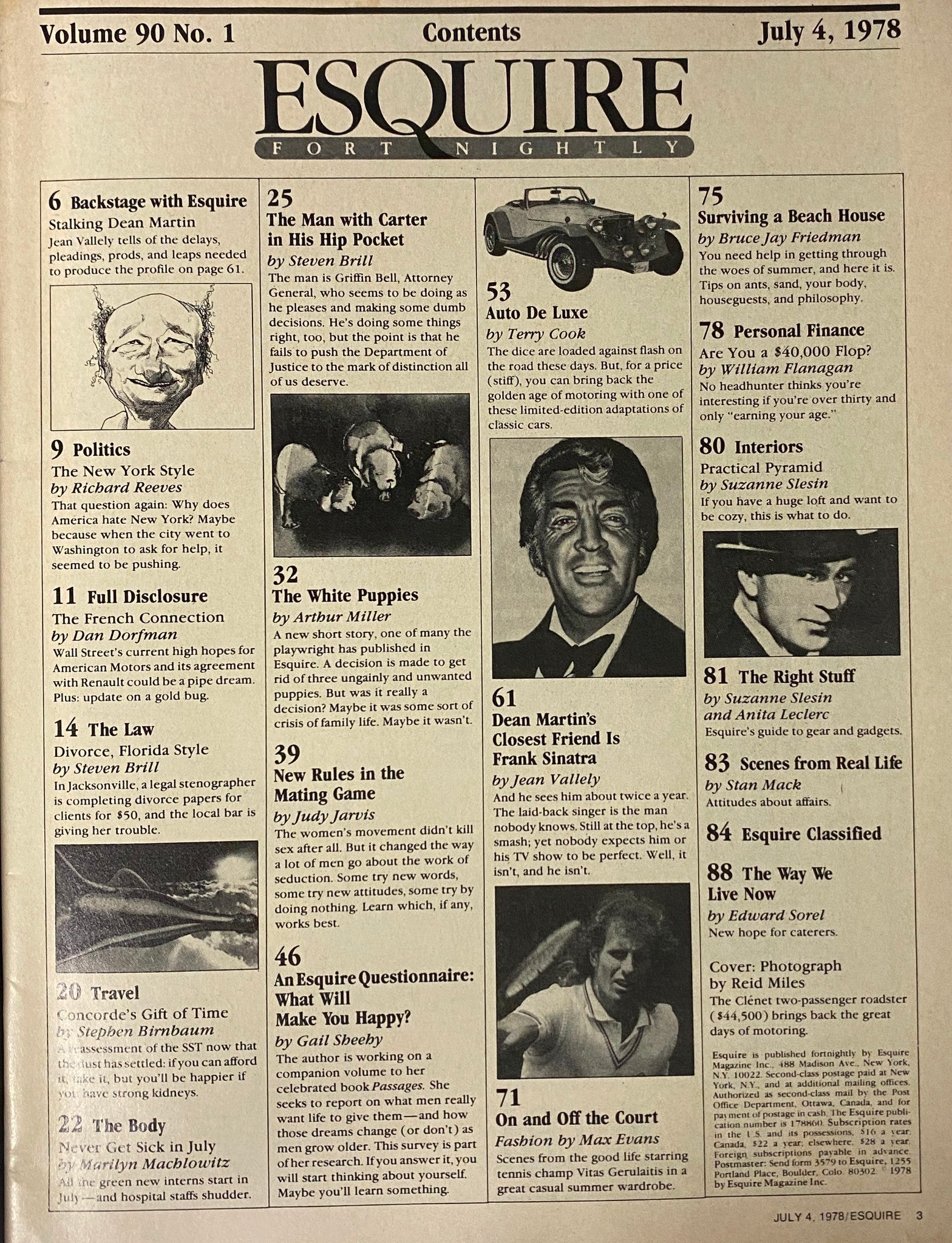 Inside contents page of Esquire Magazine July 4, 1978 detailing featured articles including 'The Man with Carter in His Hip Pocket' and 'Auto De Luxe' focusing on classic luxury vehicles.