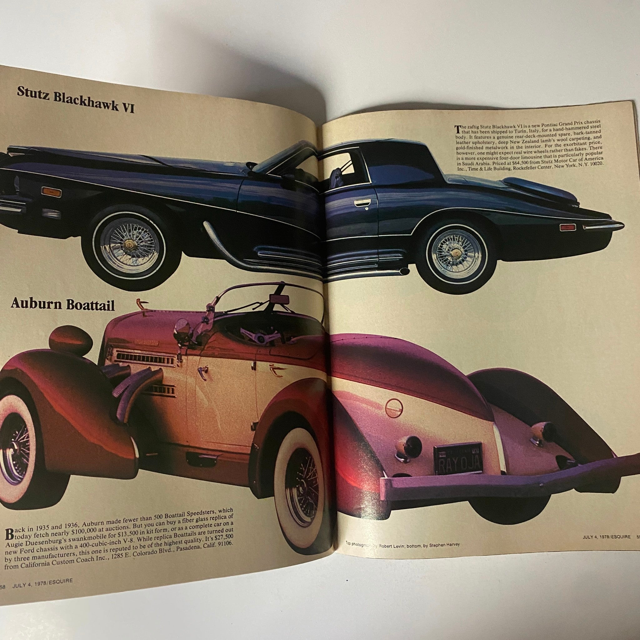 Esquire Magazine July 4, 1978 featuring Stutz Blackhawk VI and Auburn Boattail automotive illustrations showcasing classic luxury cars.
