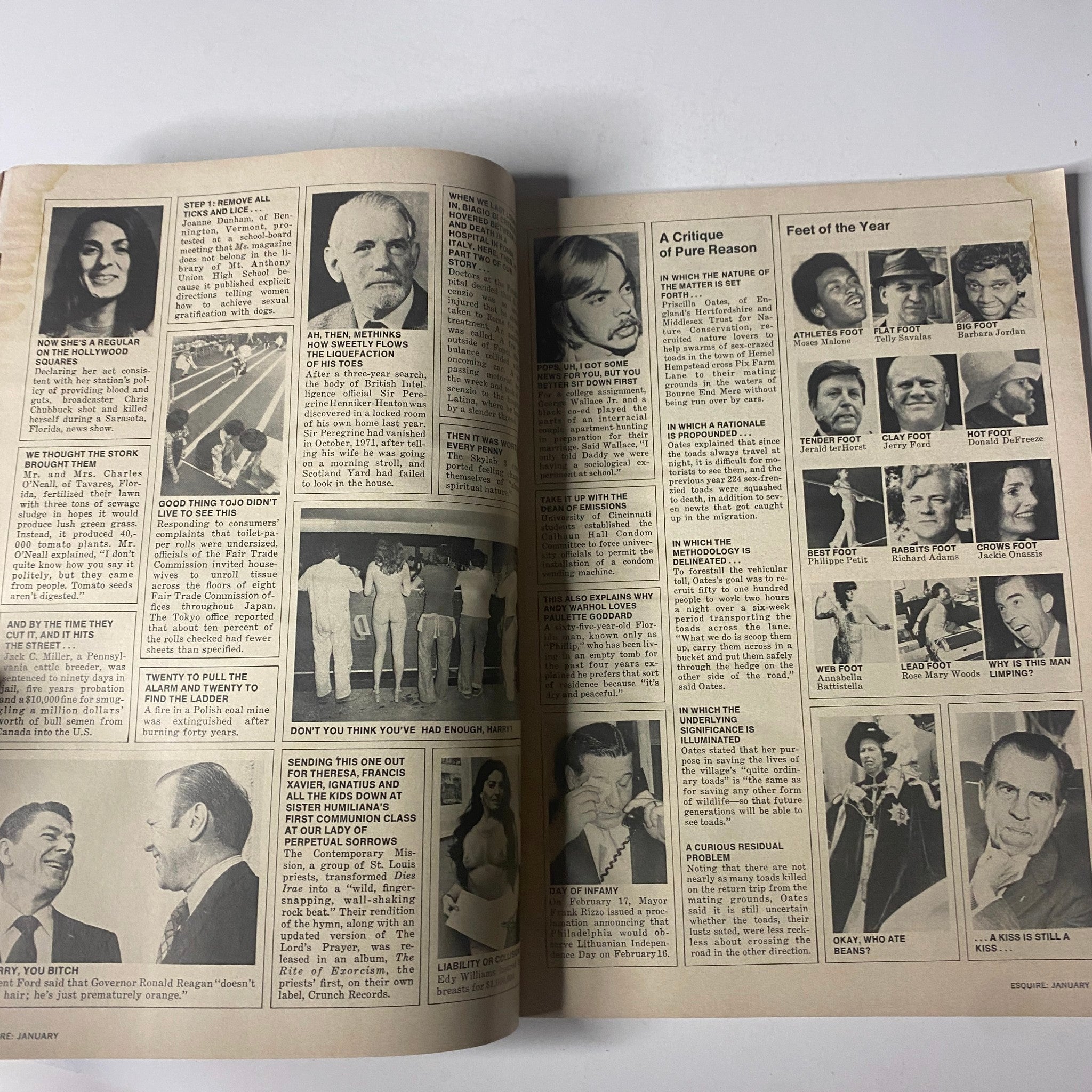 Article spread from Esquire Magazine January 1975 showcasing Feet of the Year and humorous commentary on notable figures of 1974.