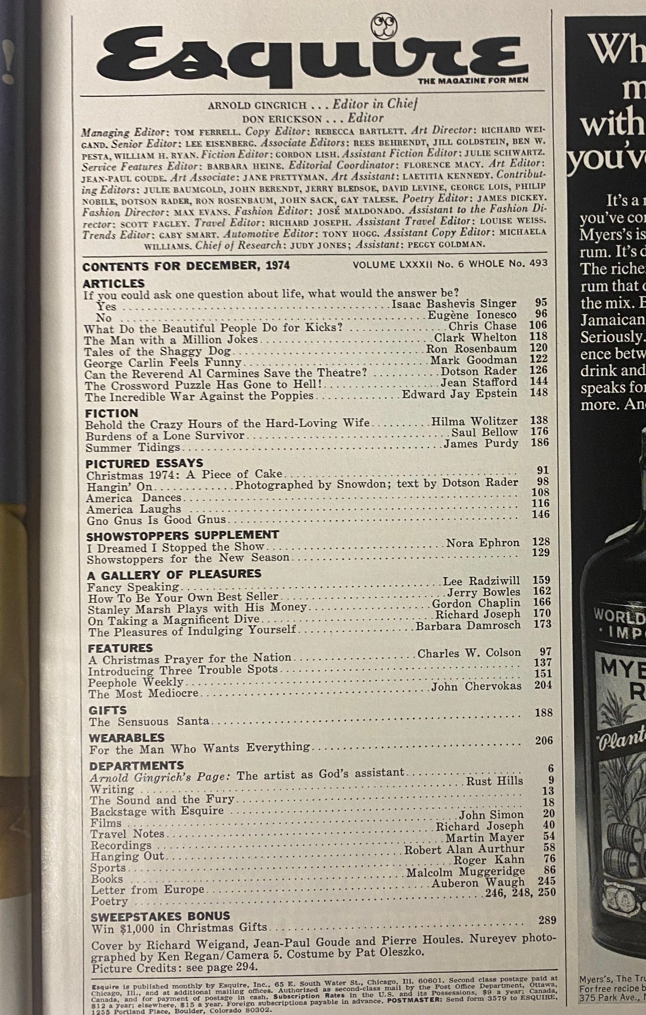 Contents page of Esquire Magazine December 1974 detailing featured articles, including works by George Carlin and Nora Ephron.