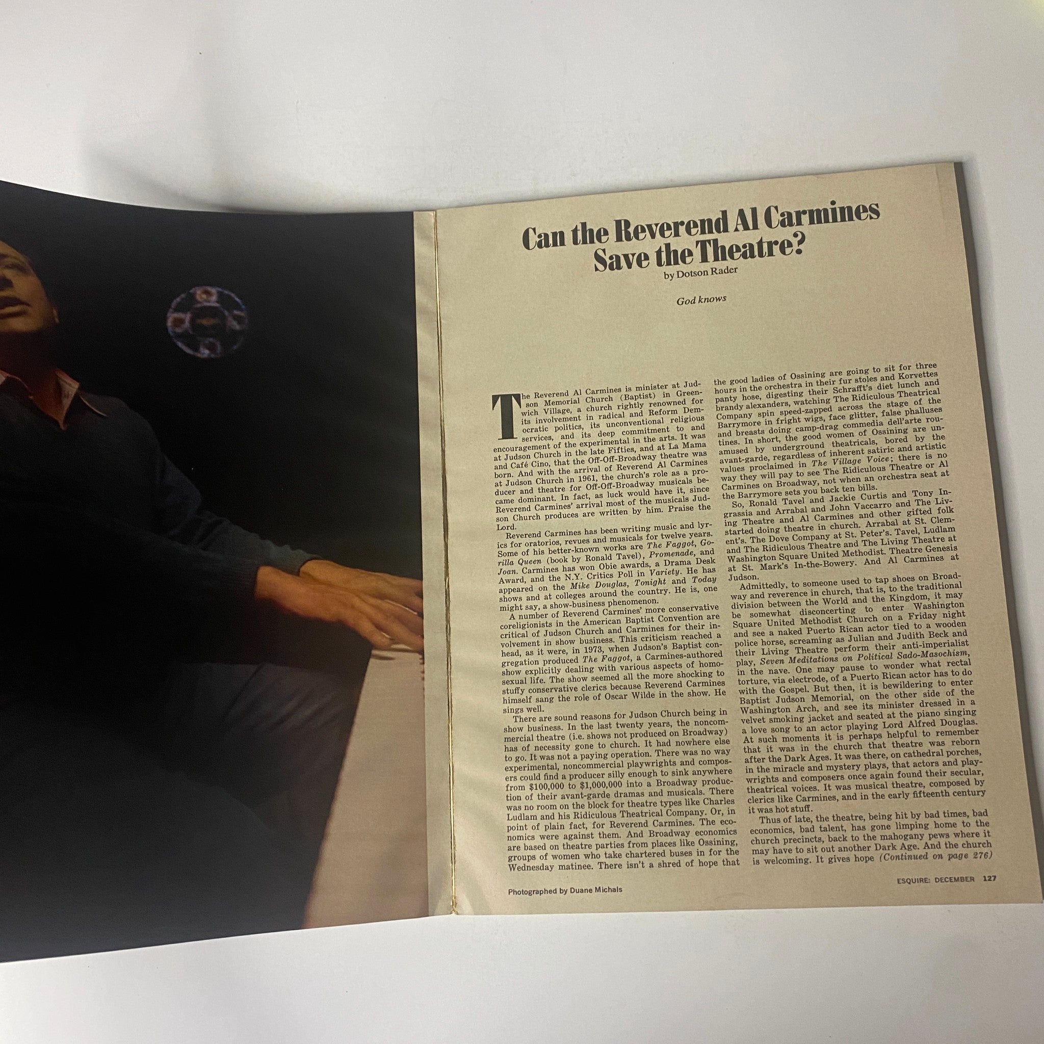 Article spread from Esquire Magazine December 1974 titled 'Can the Reverend Al Carmines Save the Theatre?' discussing the intersection of religion and performing arts.