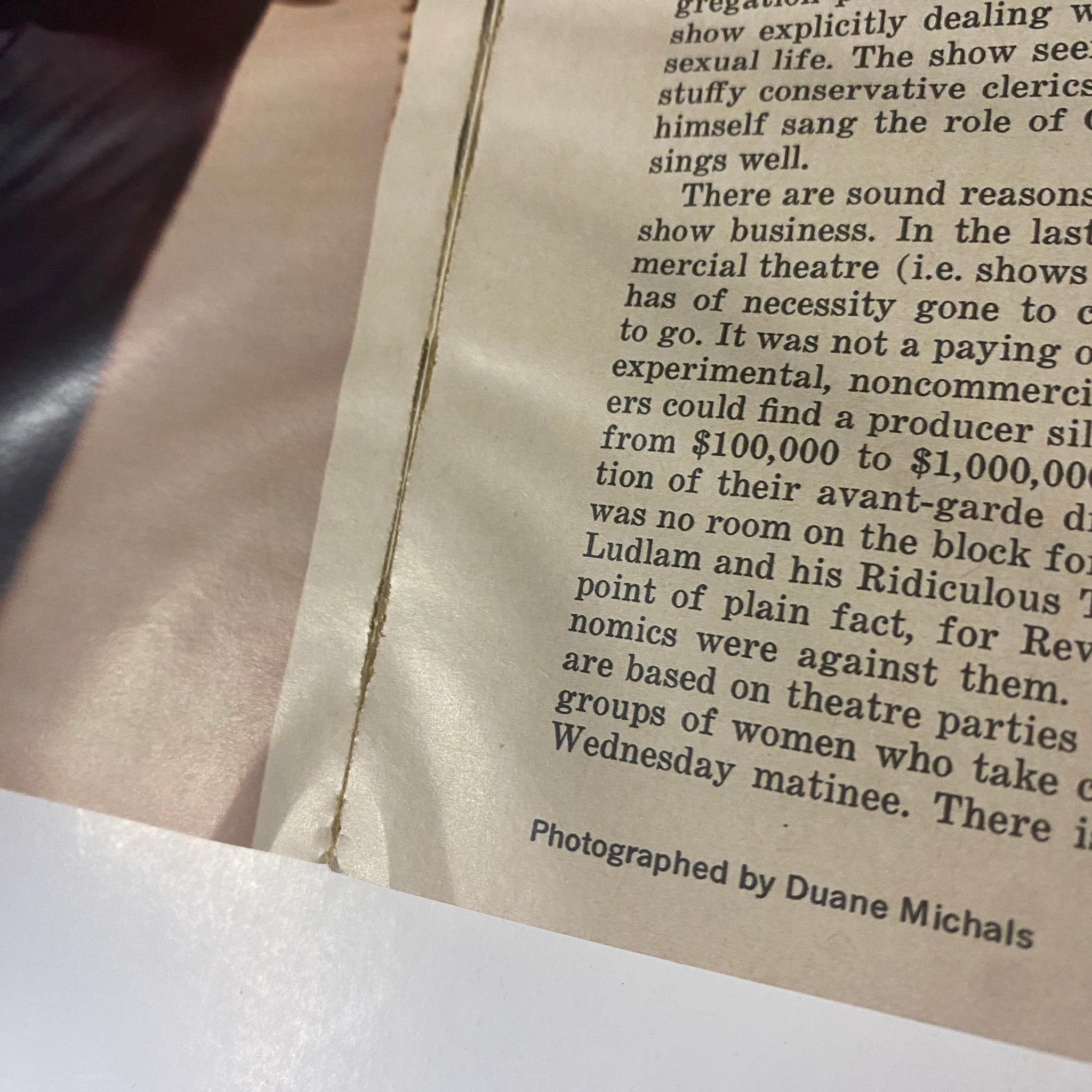 Close-up view of an article from Esquire Magazine December 1974 featuring a discussion on theatre business challenges, photographed by Duane Michals.