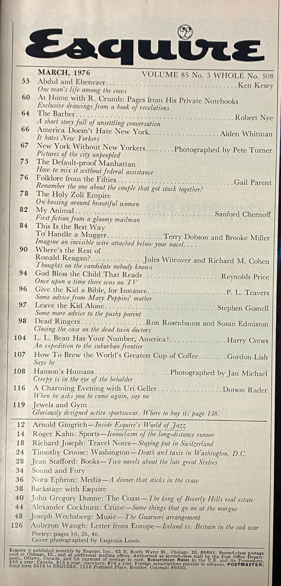 Table of contents from Esquire Magazine March 1976, listing articles including fiction by Ken Kesey and features on Ronald Reagan.