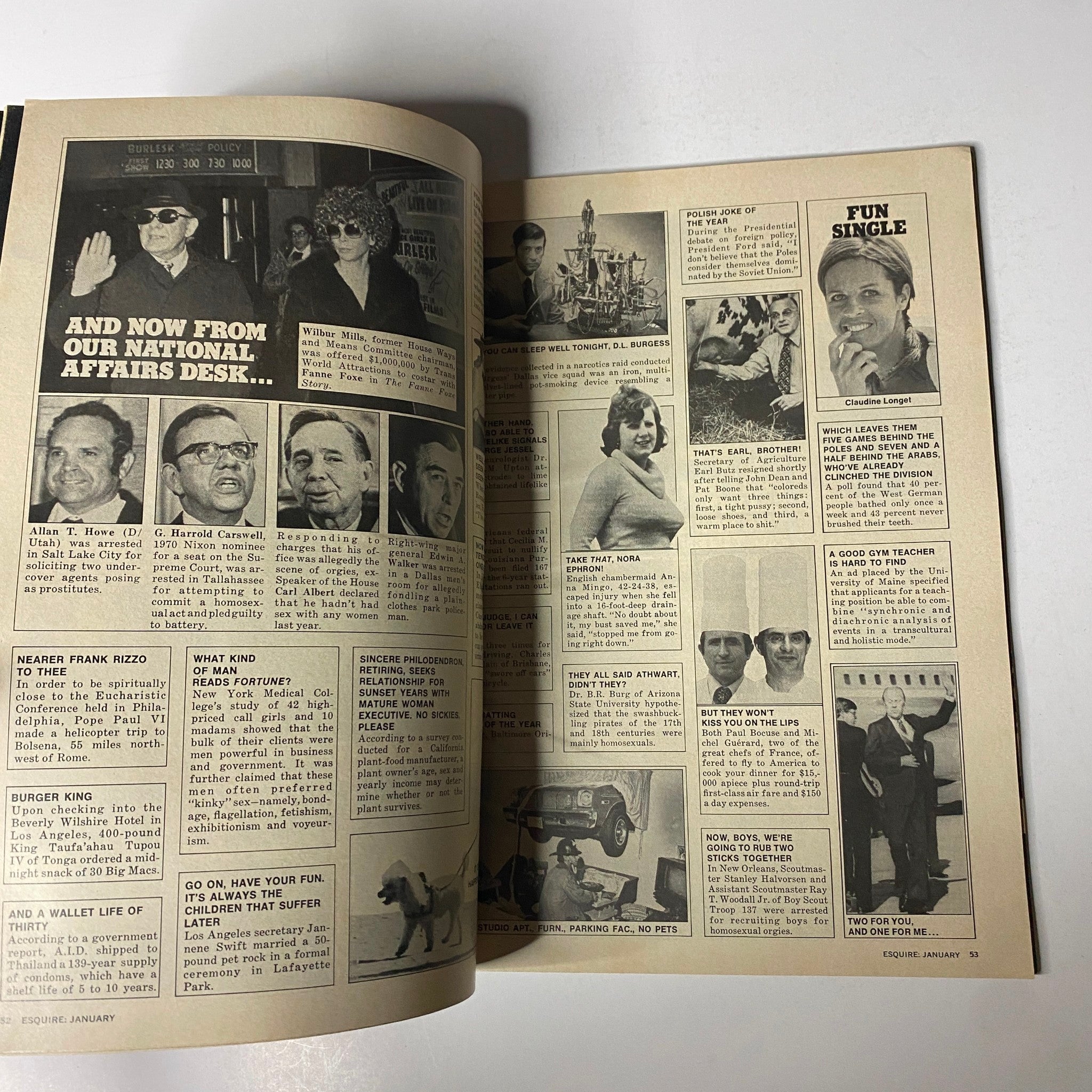 Inside pages of Esquire Magazine January 1977 featuring humorous content from the Dubious Achievements of 1976 section.