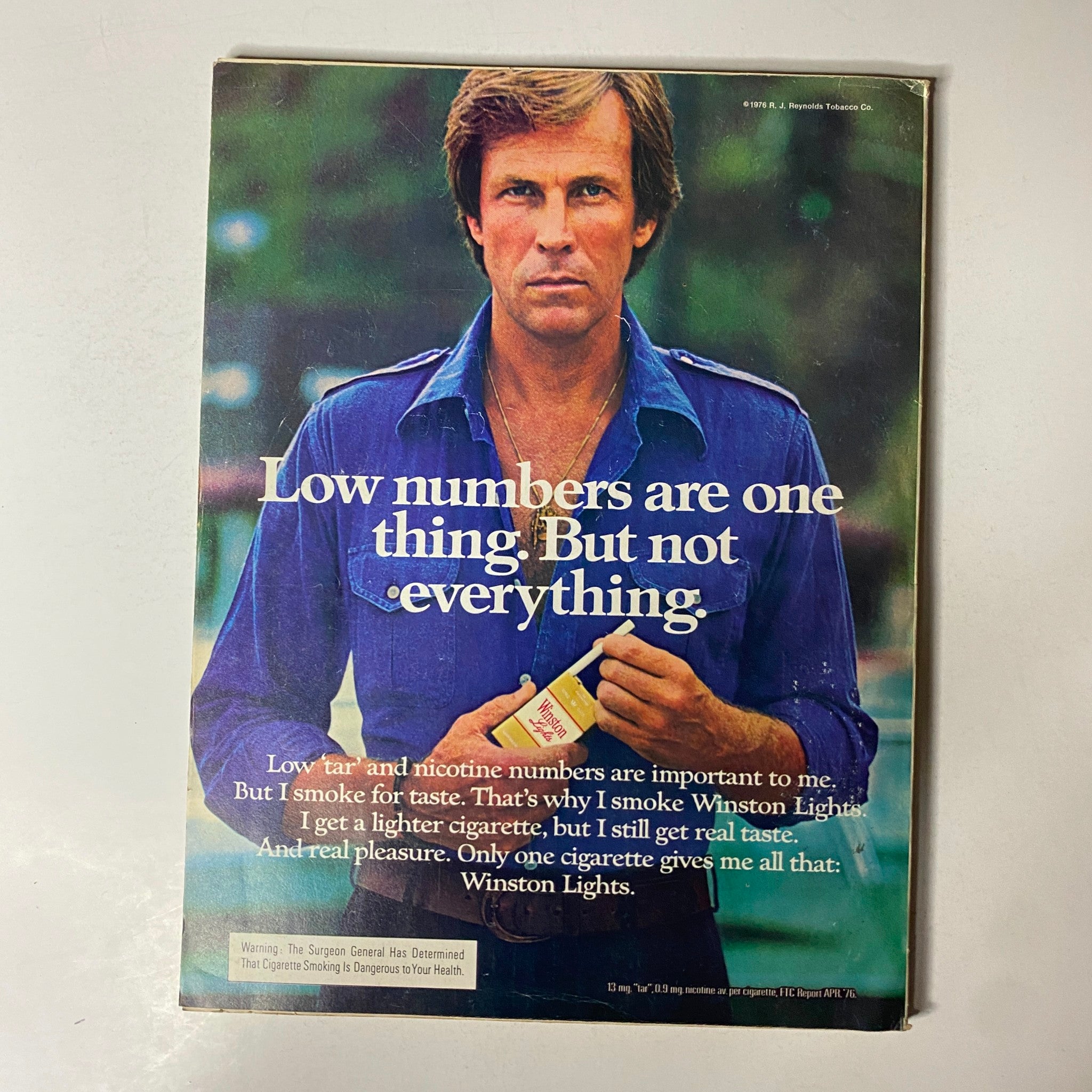 Back cover of Esquire Magazine January 1977, displaying an advertisement featuring a man promoting Winston Lights cigarettes.