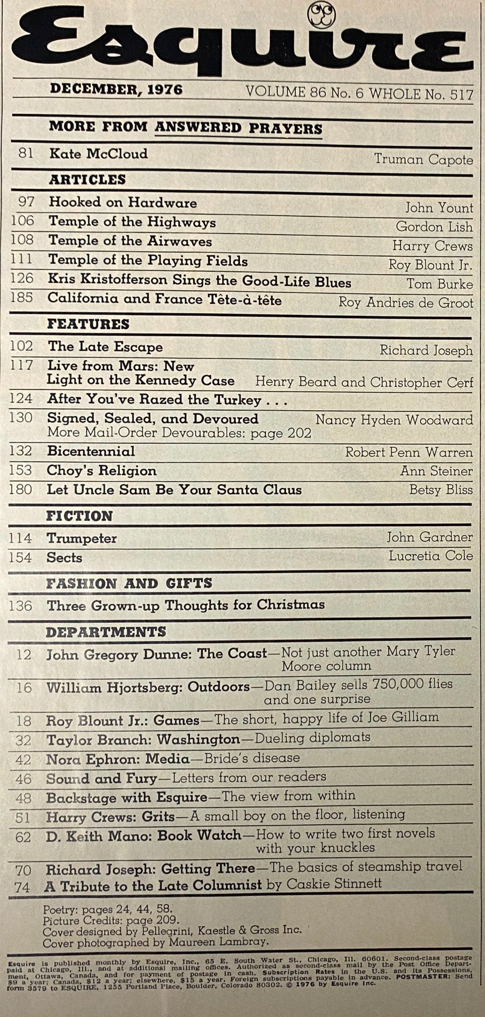 Table of contents from Esquire Magazine December 1976 listing featured articles including Kate McCloud by Truman Capote.