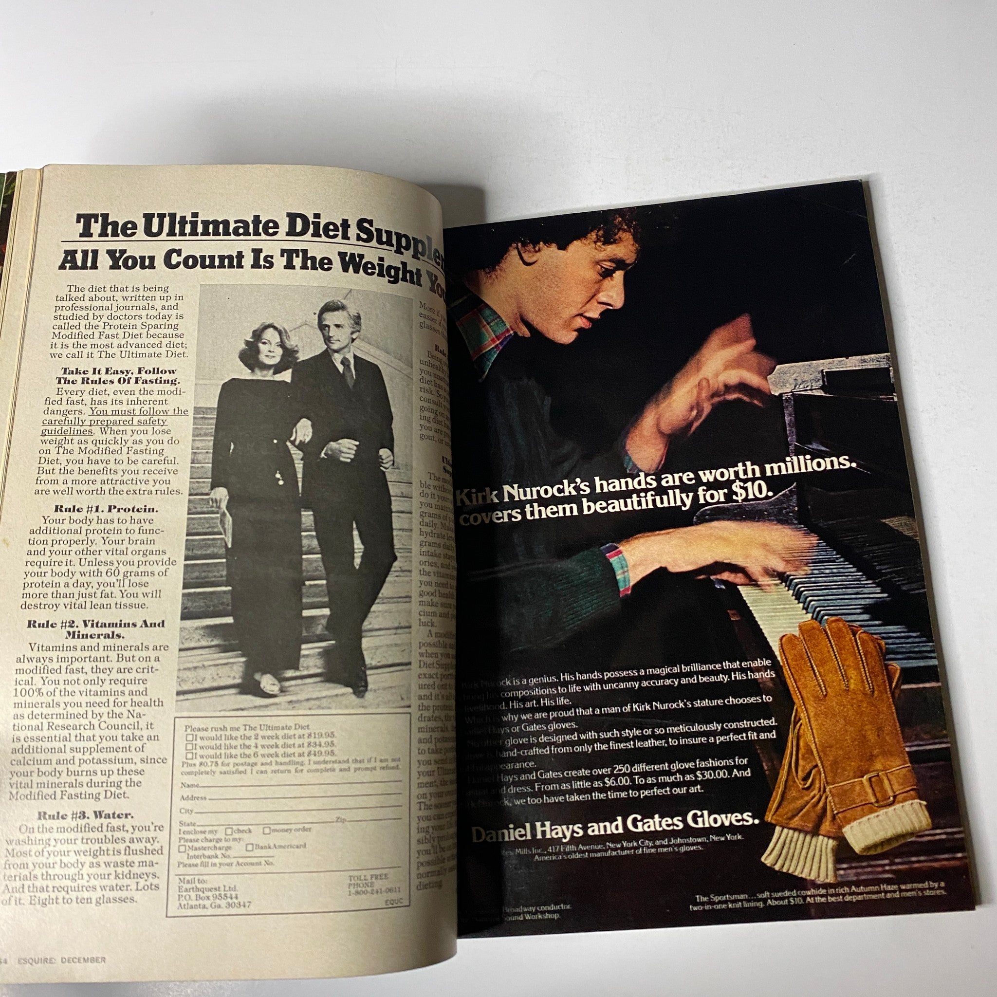 Interior pages from Esquire Magazine December 1976 showcasing advertising and content related to diet supplements.