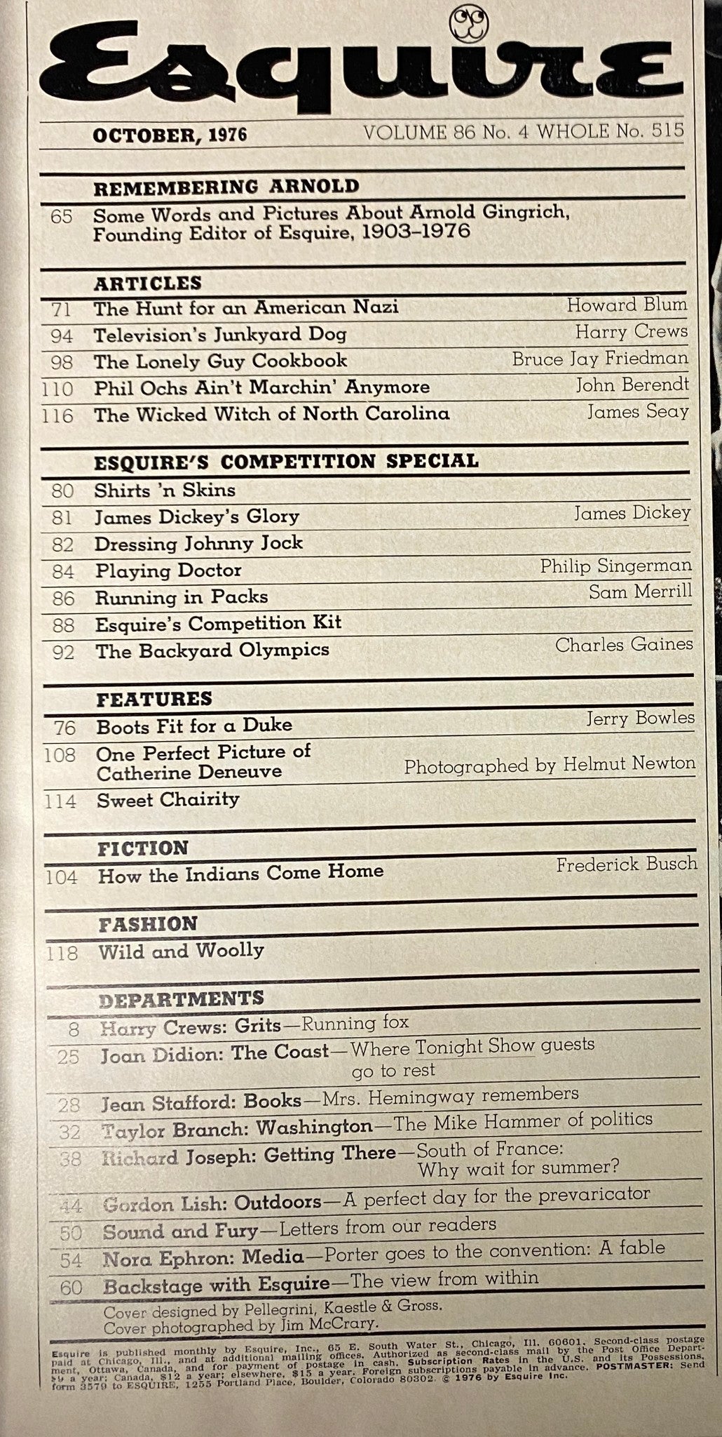 Table of contents of the October 1976 Esquire Magazine, outlining key articles including a tribute to Arnold Gingrich and various features on culture and journalism.