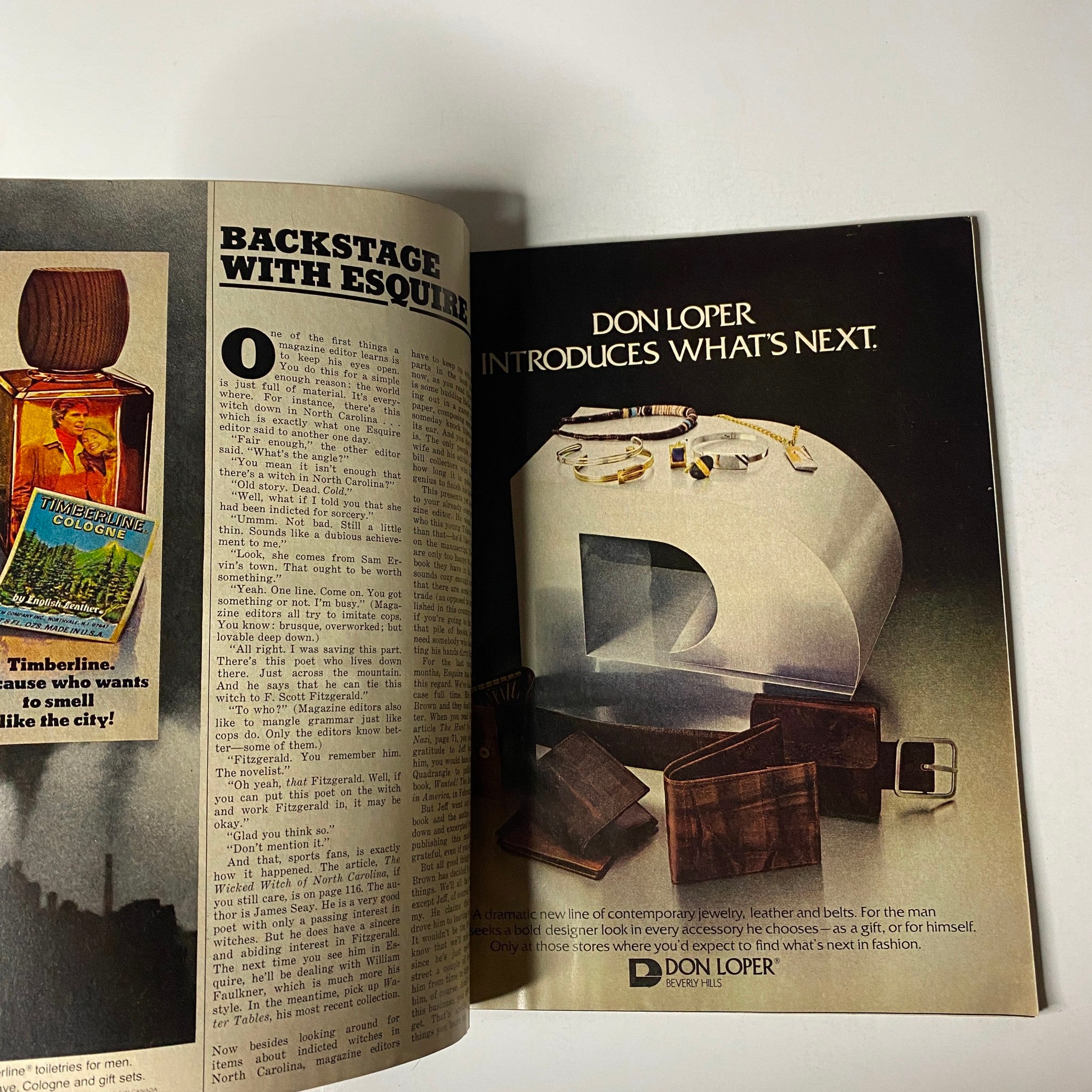 Inside page of the October 1976 Esquire Magazine showcasing the 'Backstage with Esquire' section, featuring a dramatic ad for contemporary jewelry and accessories.
