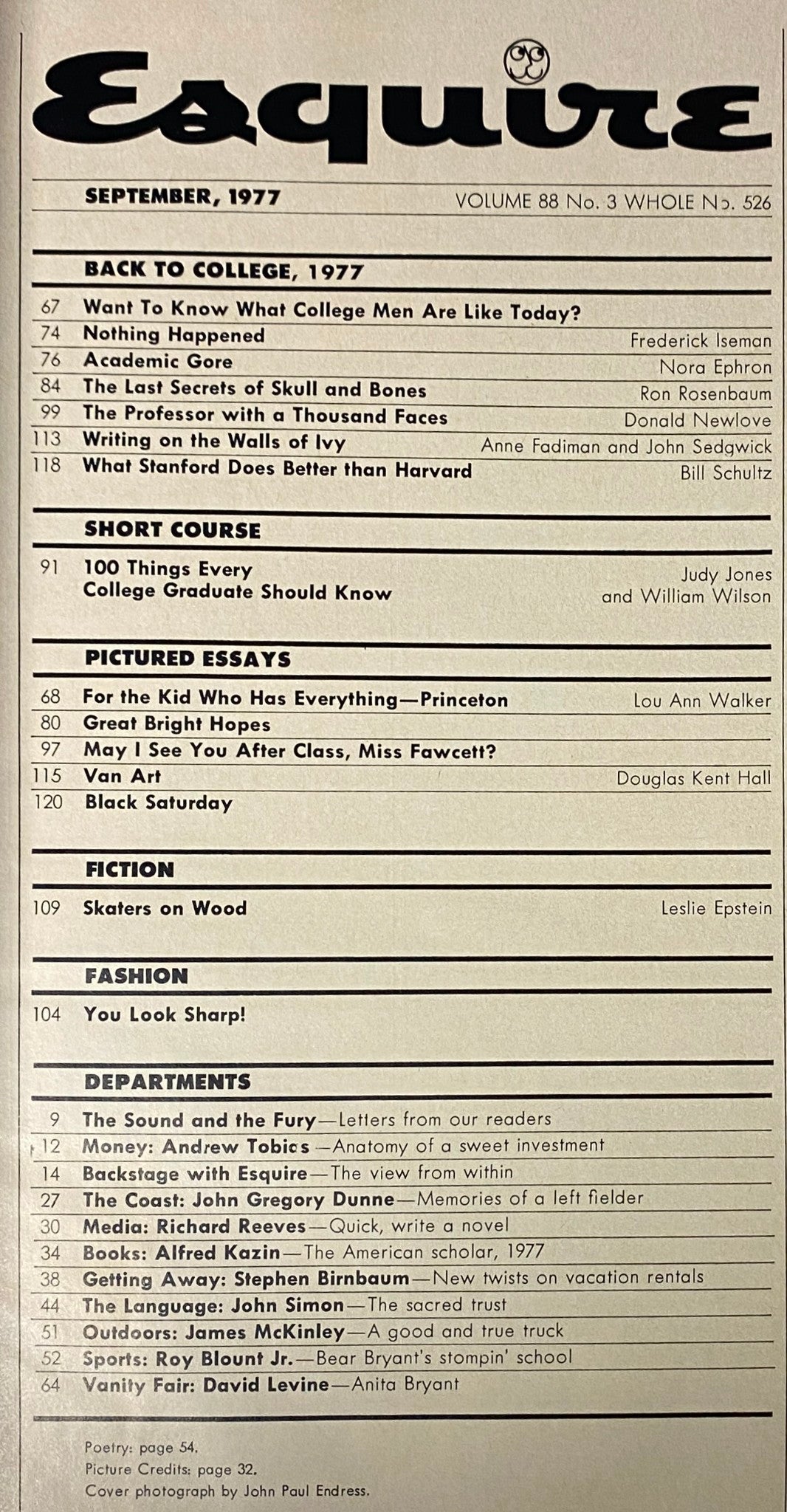 Table of contents from Esquire Magazine September 1977 displaying articles including 'Want To Know What College Men Are Like Today?' and insights into university life.