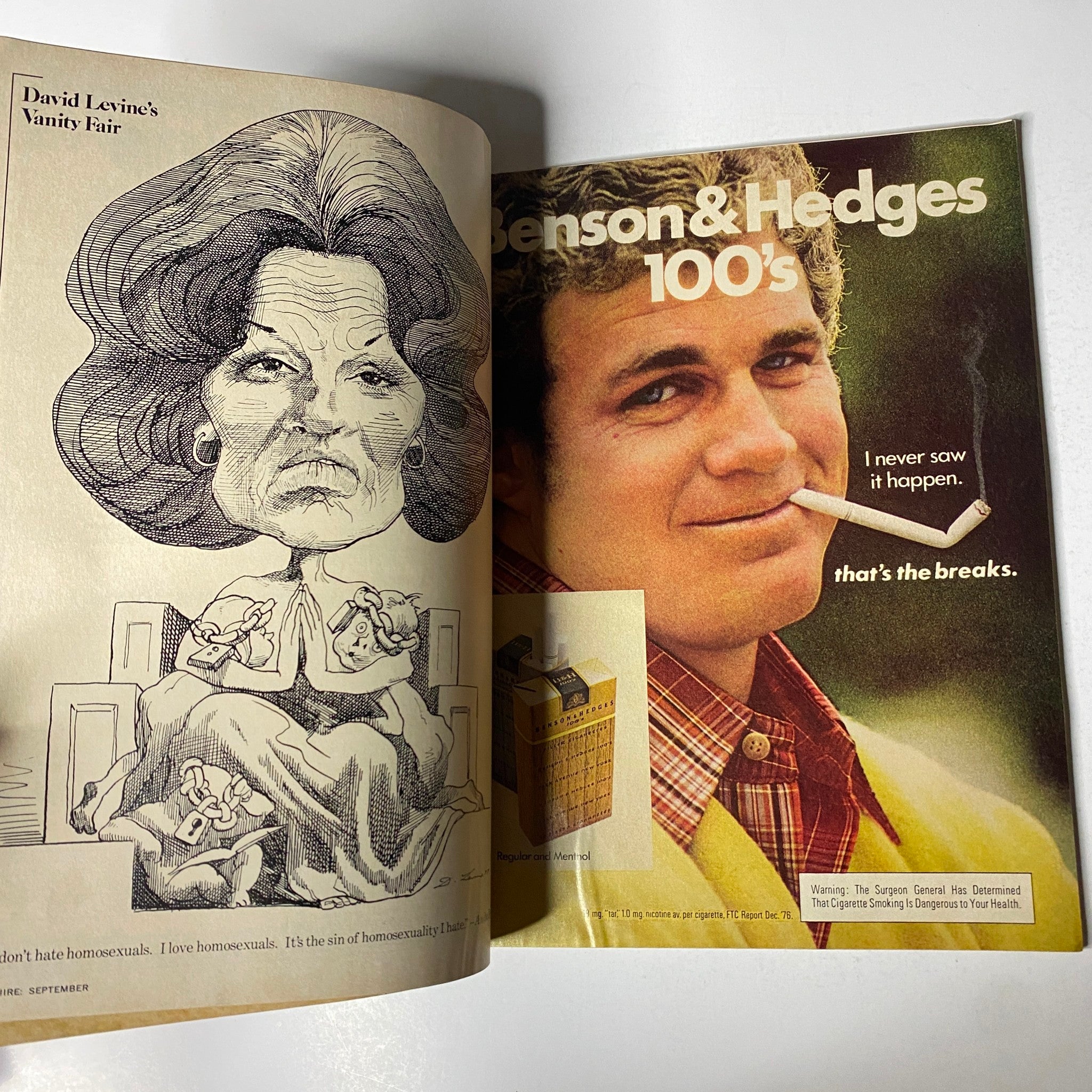 A cartoon illustration and advertisement within Esquire Magazine September 1977 showcasing a caricature by David Levine, and a cigarette advertisement.