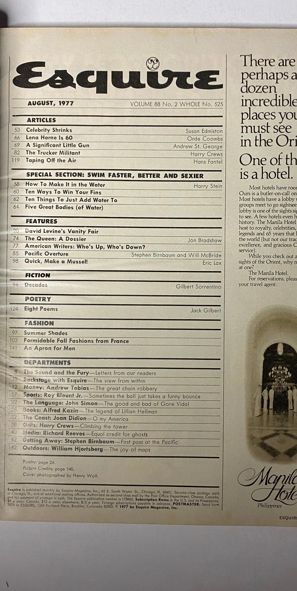 Esquire Magazine August 1977 showing the table of contents, highlighting articles such as 'Celebrity Shrinks' and 'American Writers: Who's Up, Who's Down?' for an exploration of 1970s American literary culture.