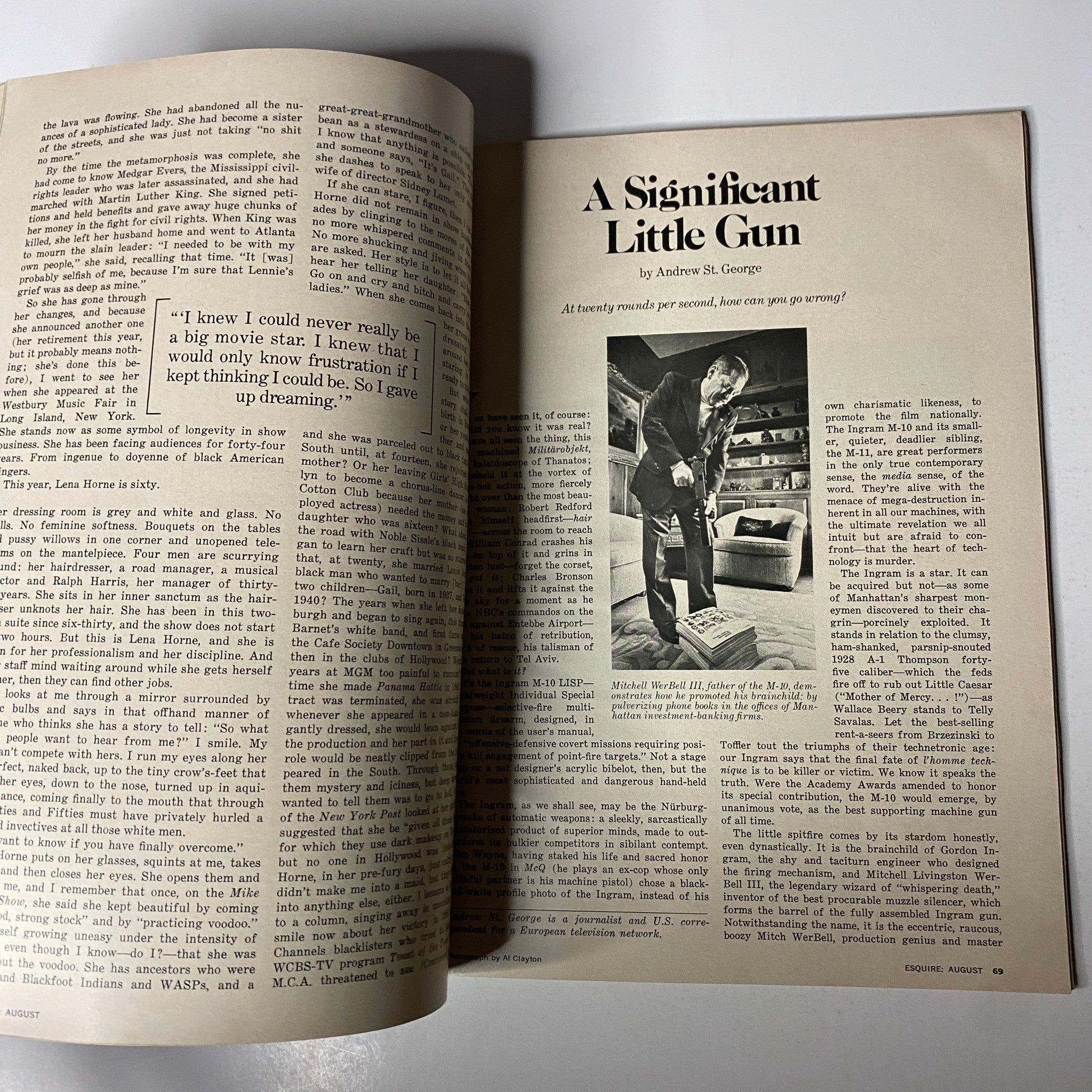 A page from Esquire Magazine August 1977 featuring the article 'A Significant Little Gun' by Andrew St. George with an accompanying image, discussing significant cultural topics of the era.