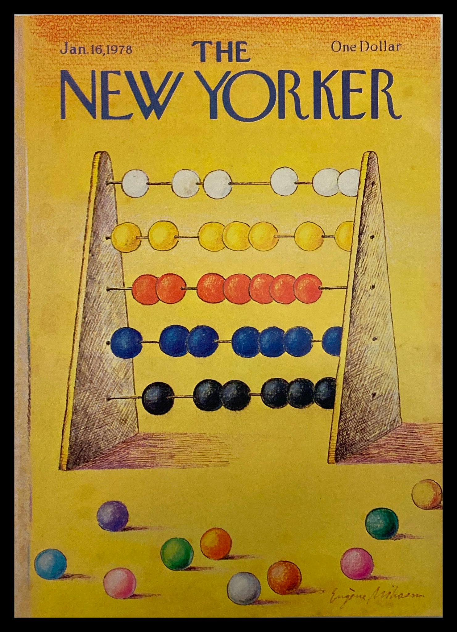 The New Yorker January 16 1978 cover featuring an illustration of an abacus with colorful beads, art by Eugene Mihaesco.