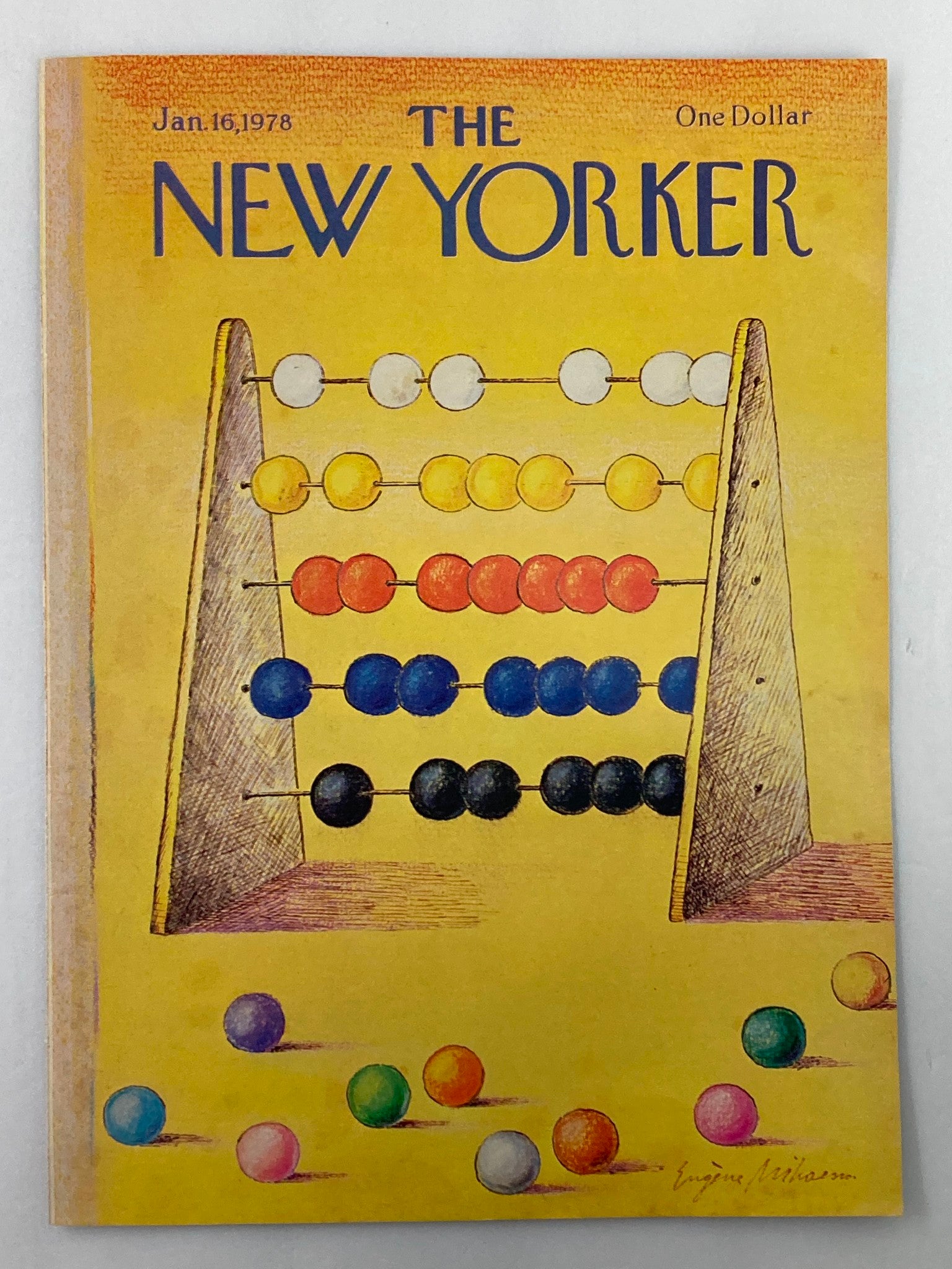 The New Yorker January 16 1978 cover showcasing an abacus design with vibrant colored beads, created by Eugene Mihaesco.