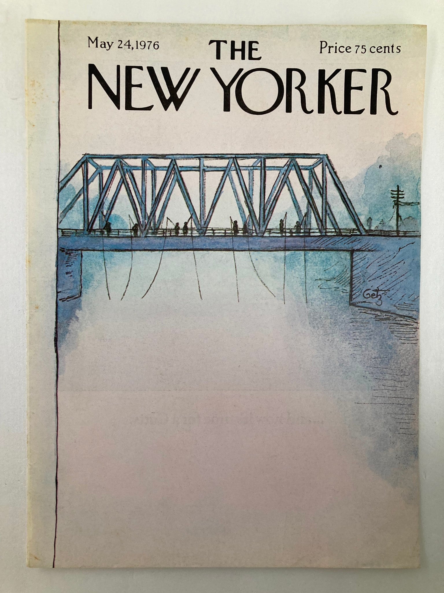 Front cover of The New Yorker from May 24, 1976, showcasing the artwork 'Fish On' by Arthur Getz with a bridge illustration and soft watercolor background.