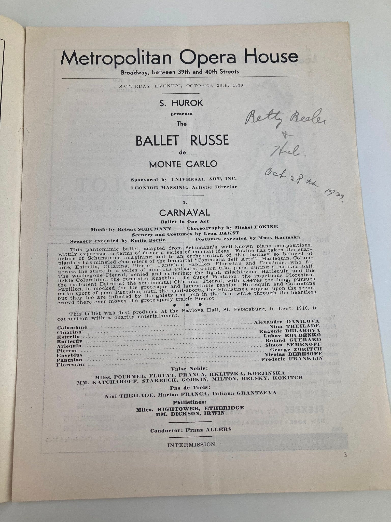 1939 Metropolitan Opera House S. Hurok The Ballet Russe de Monte Carlo