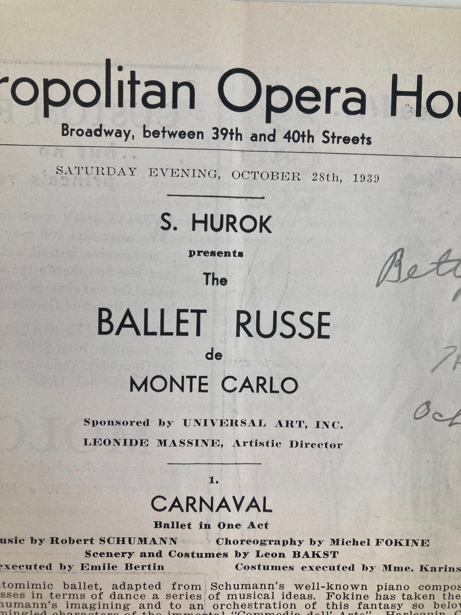 1939 Metropolitan Opera House S. Hurok The Ballet Russe de Monte Carlo