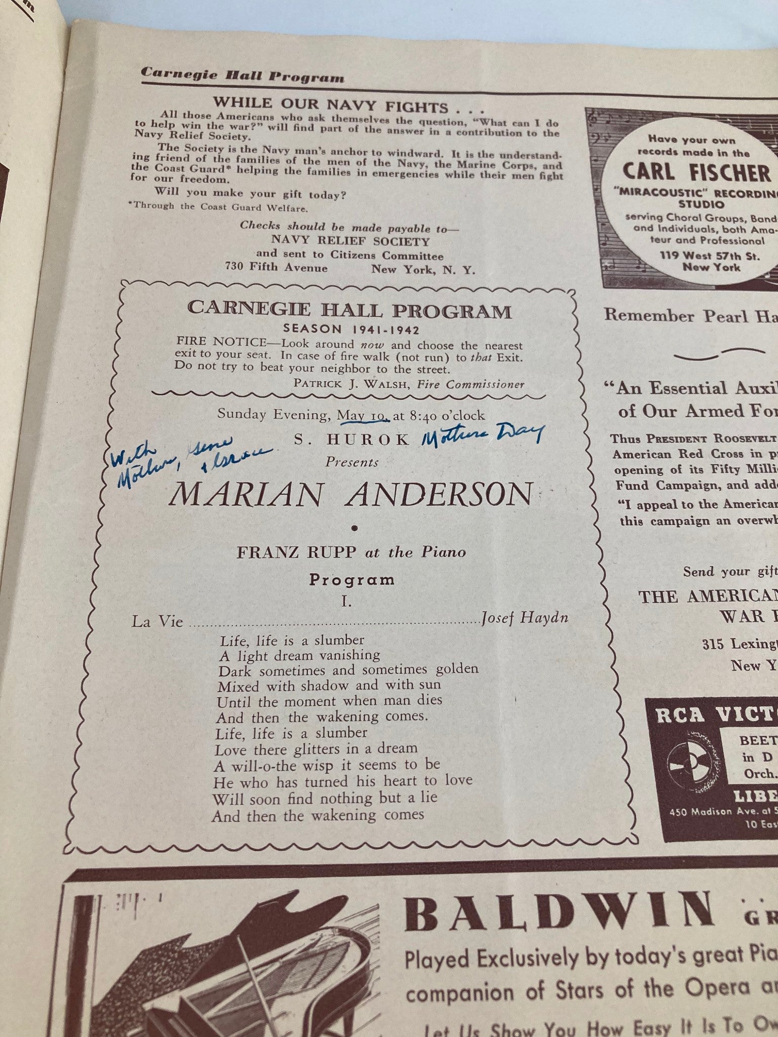 1942 Carnegie Hall Program Marian Anderson Franz Rupp at the Piano Program