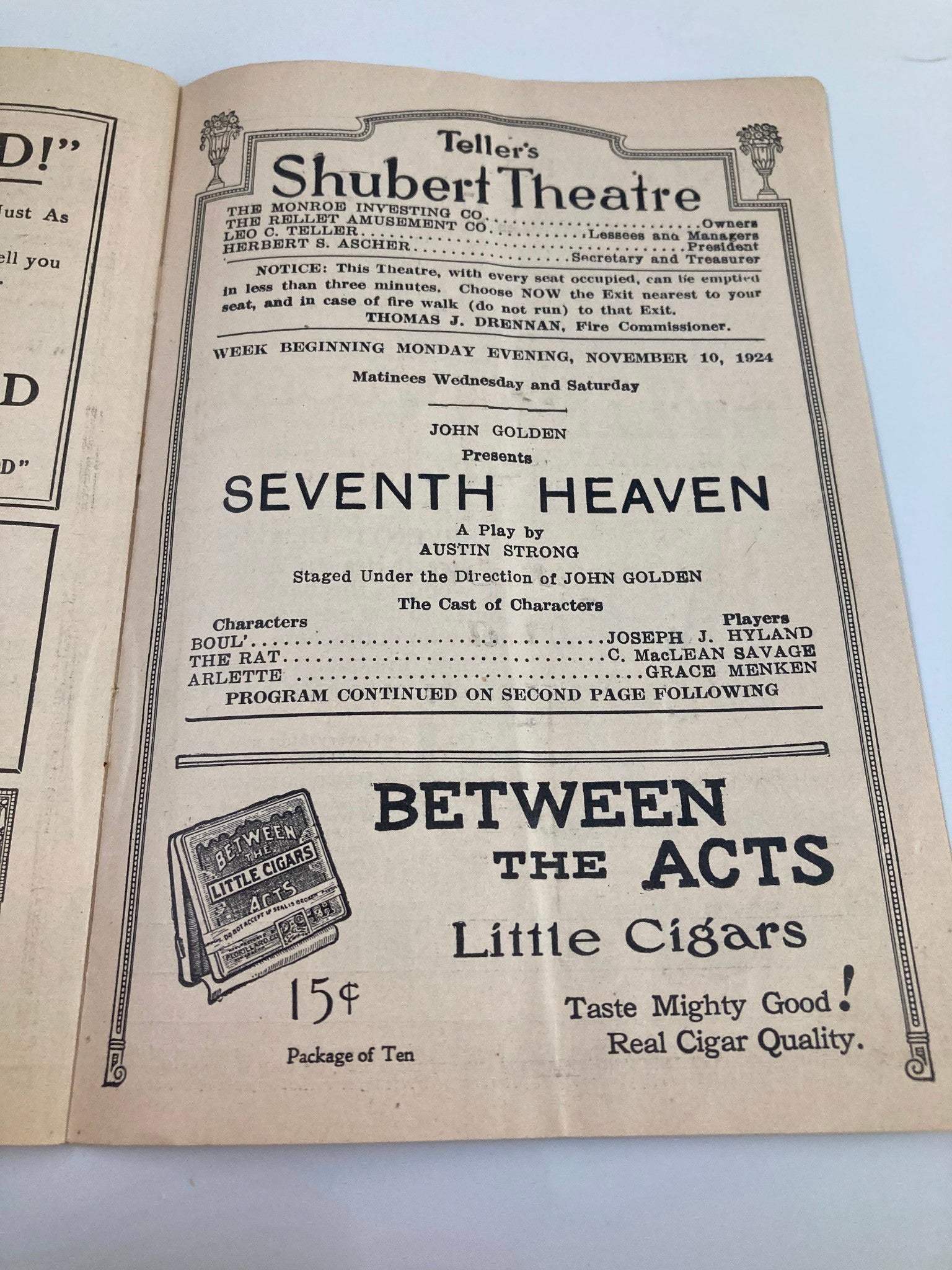 1924 Teller's Shubert Theatre Seventh Heaven A Play by Austin Strong