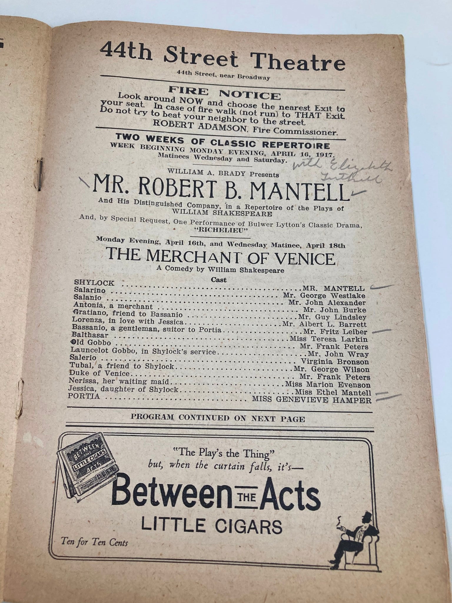 1917 44th Street Theatre Mr. Robert B. Mantell The Plays of William Shakespeare