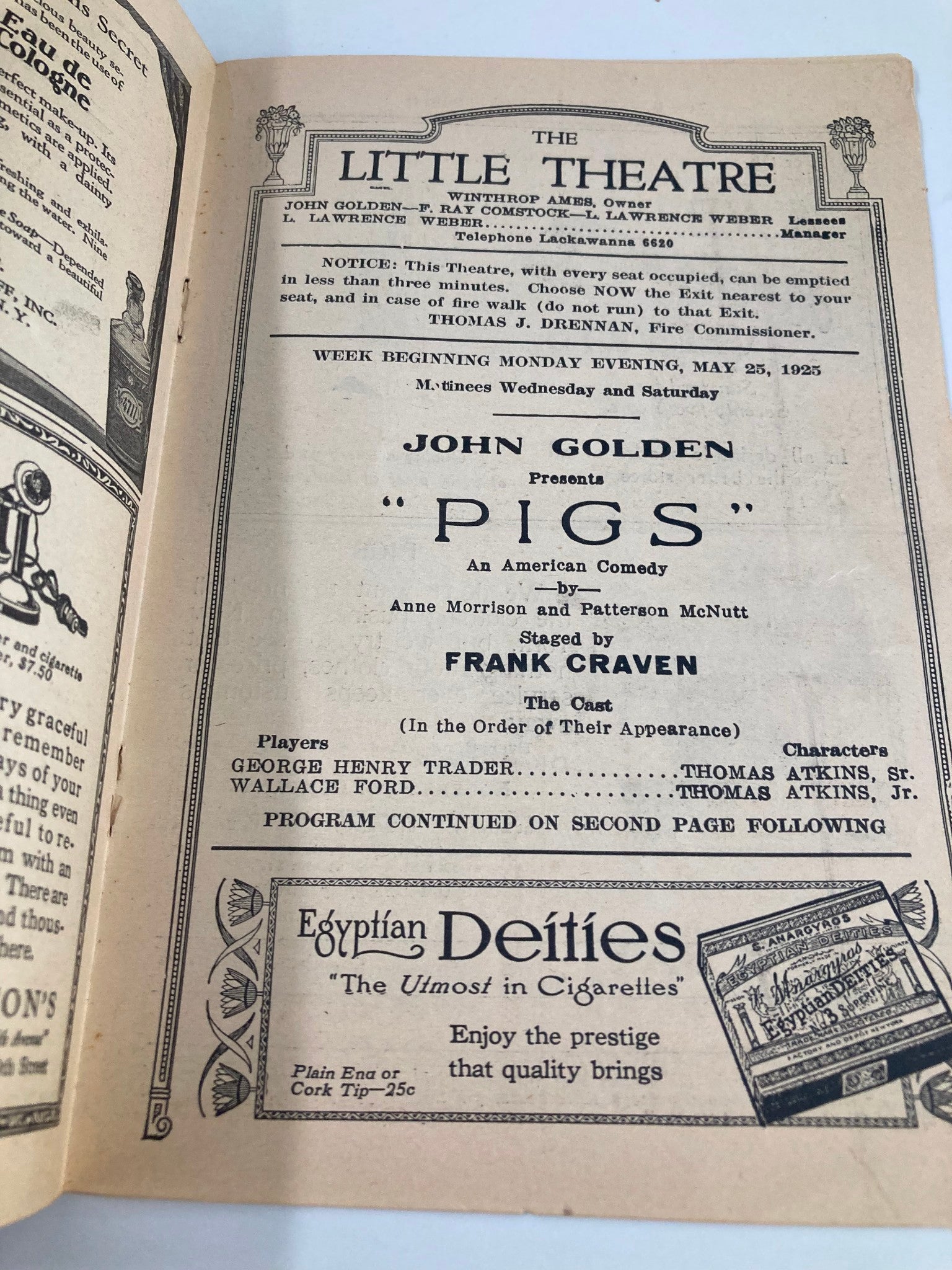 1925 The Little Theatre John Golden Presents Pigs An American Comedy