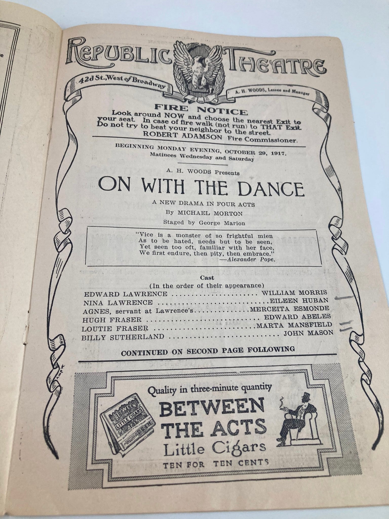 1917 Republic Theatre A.H. Woods Presents On With The Dance by Michael Morton