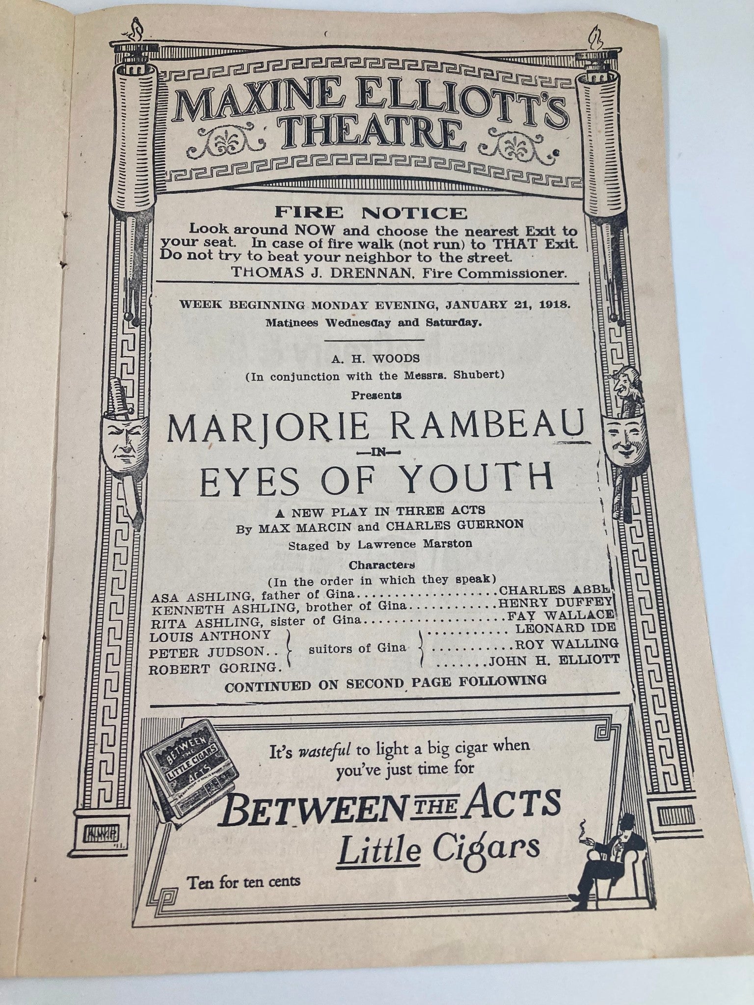 1917 Maxine Elliott's Theatre Marjorie Rambeau in Eyes of Youth by Max Marcin