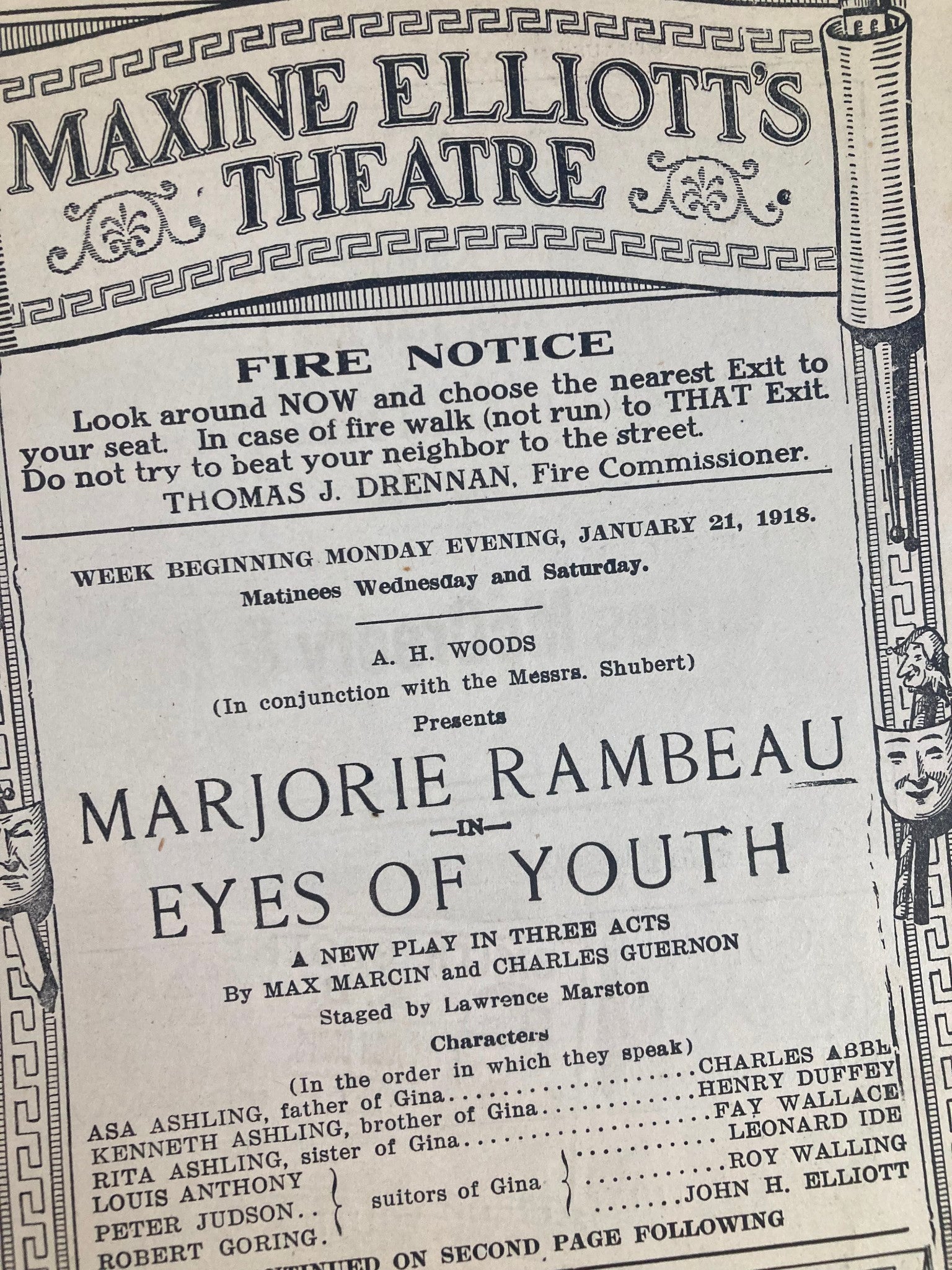 1917 Maxine Elliott's Theatre Marjorie Rambeau in Eyes of Youth by Max Marcin