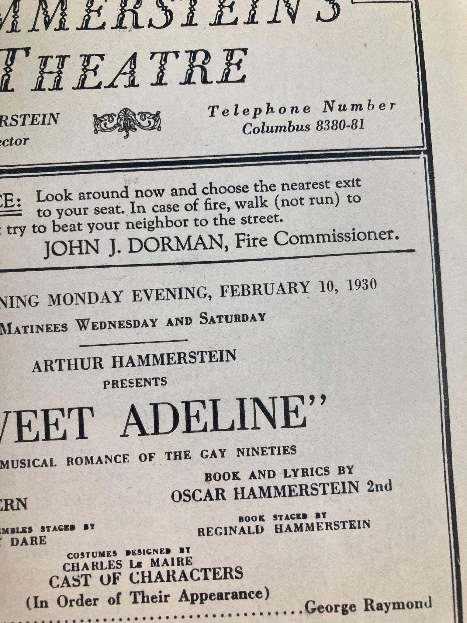 1930 Hammerstein's Theatre Sweet Adeline A Musical Romance of the Gay Nineties