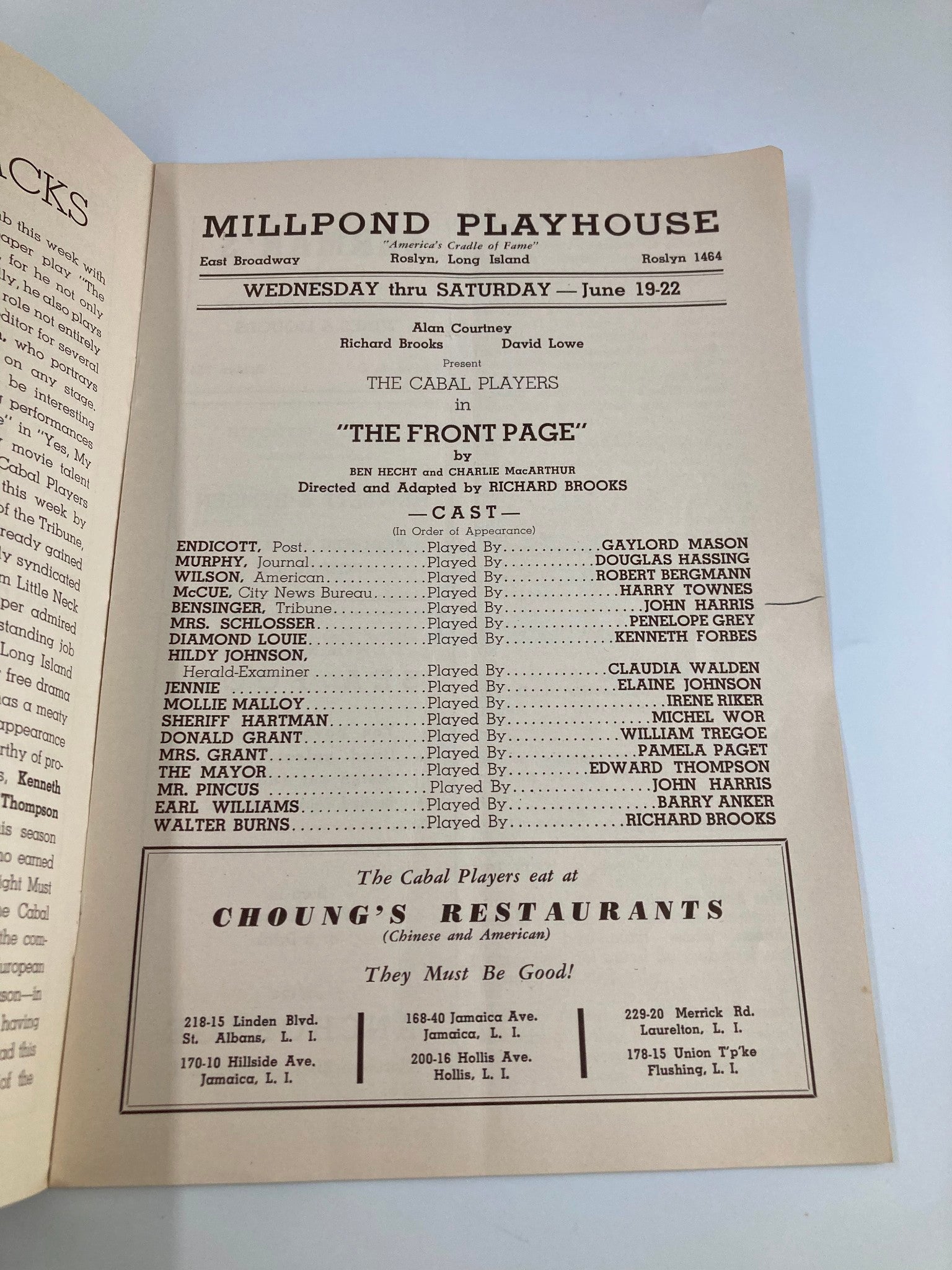 1940 The Claque Millpond Playhouse The Front Page by Richard Brooks