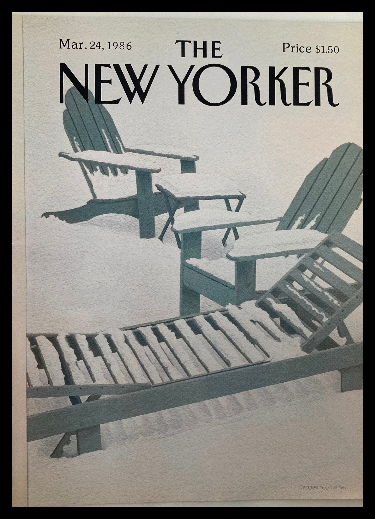 COVER ONLY The New Yorker March 24 1986 Snow Chair by Gretchen Simpson No Label