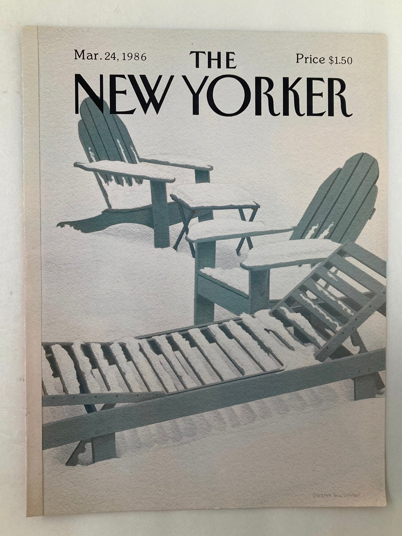 COVER ONLY The New Yorker March 24 1986 Snow Chair by Gretchen Simpson No Label