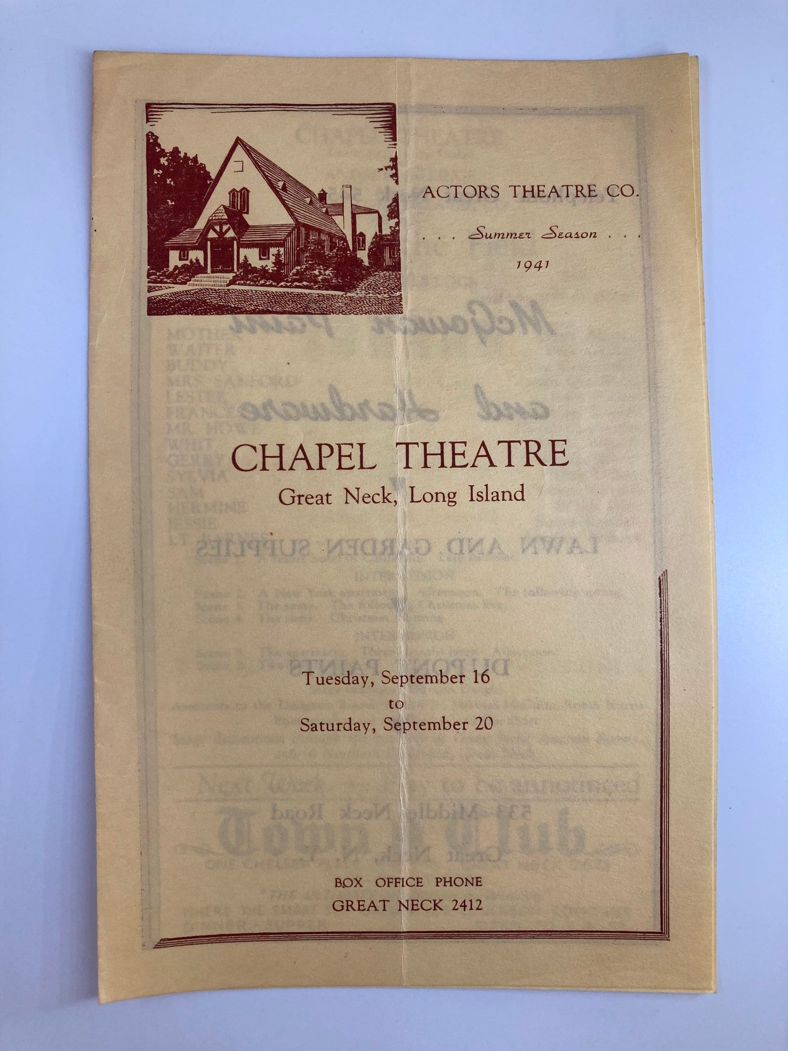 1941 Actors Theatre Co. Chapel Theatre Lilies of the Field by Turner Bullock