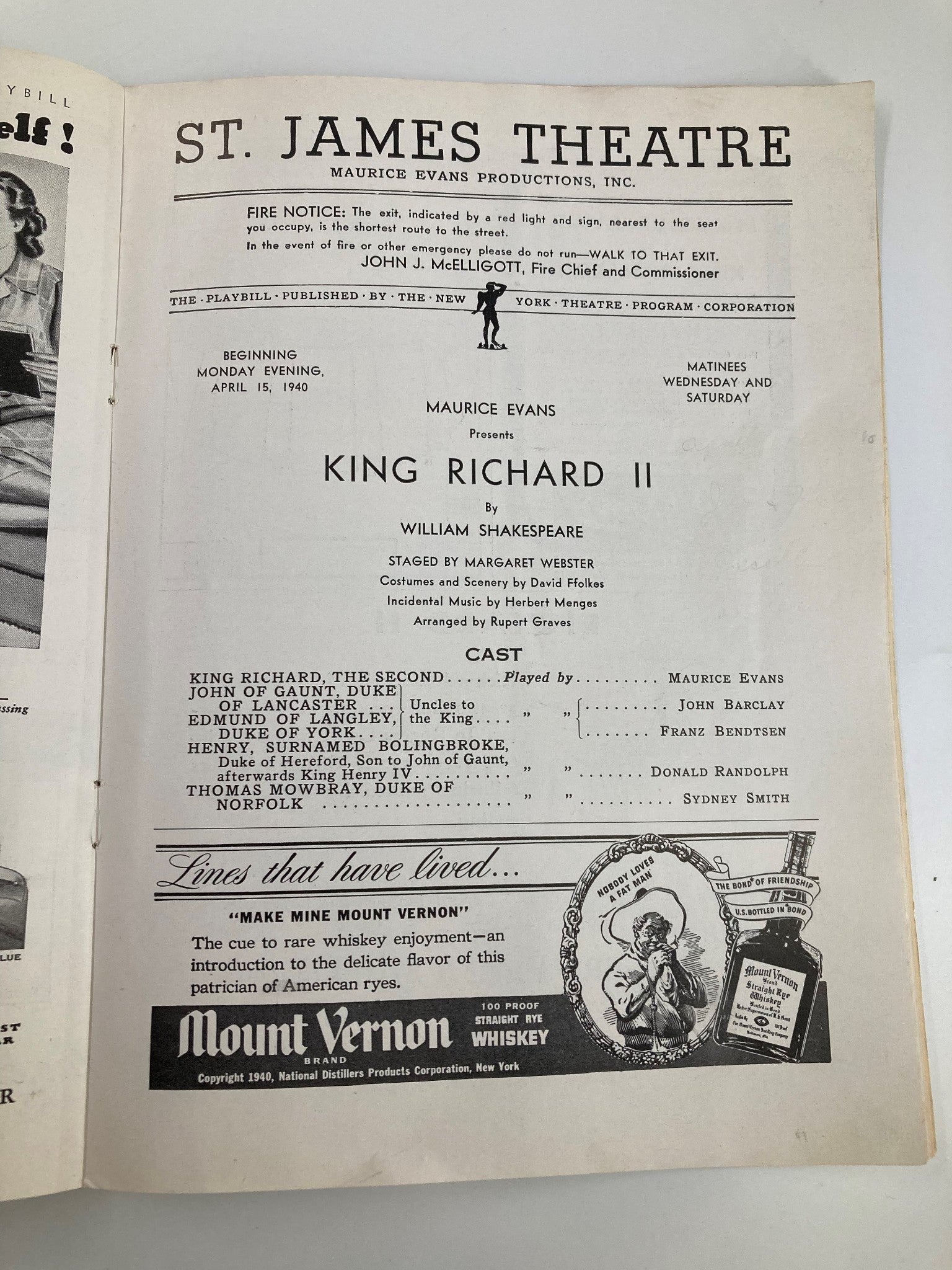 1940 Playbill St. James Theatre King Richard II by William Shakespeare