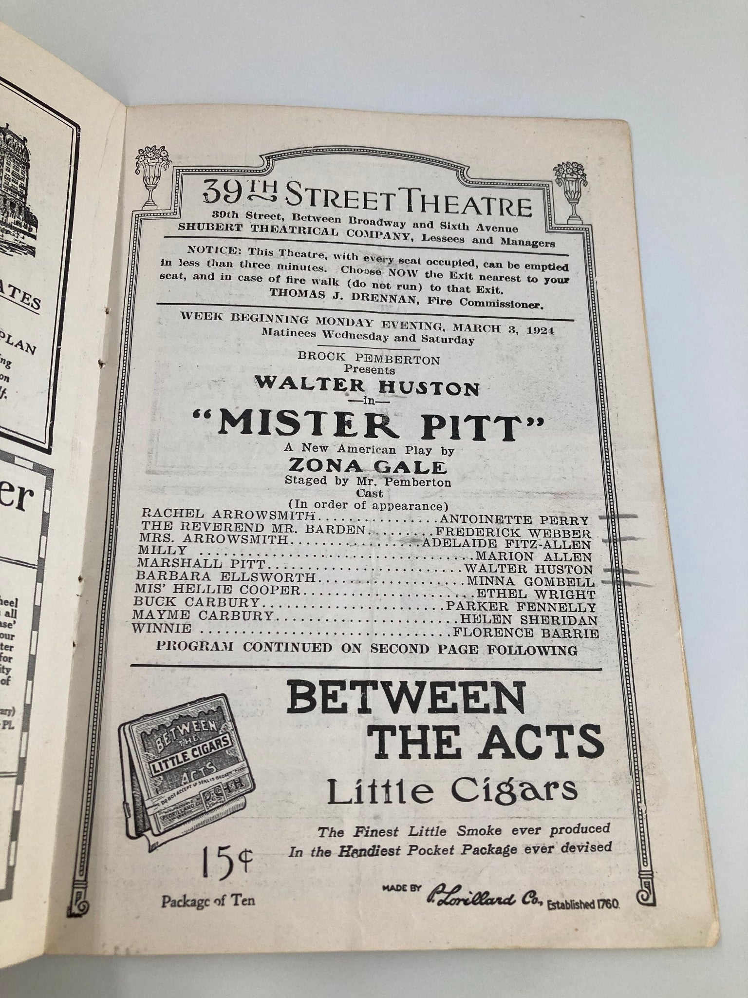 1924 39th Street Theatre Walter Huston in Mister Pitt by Zona Gale