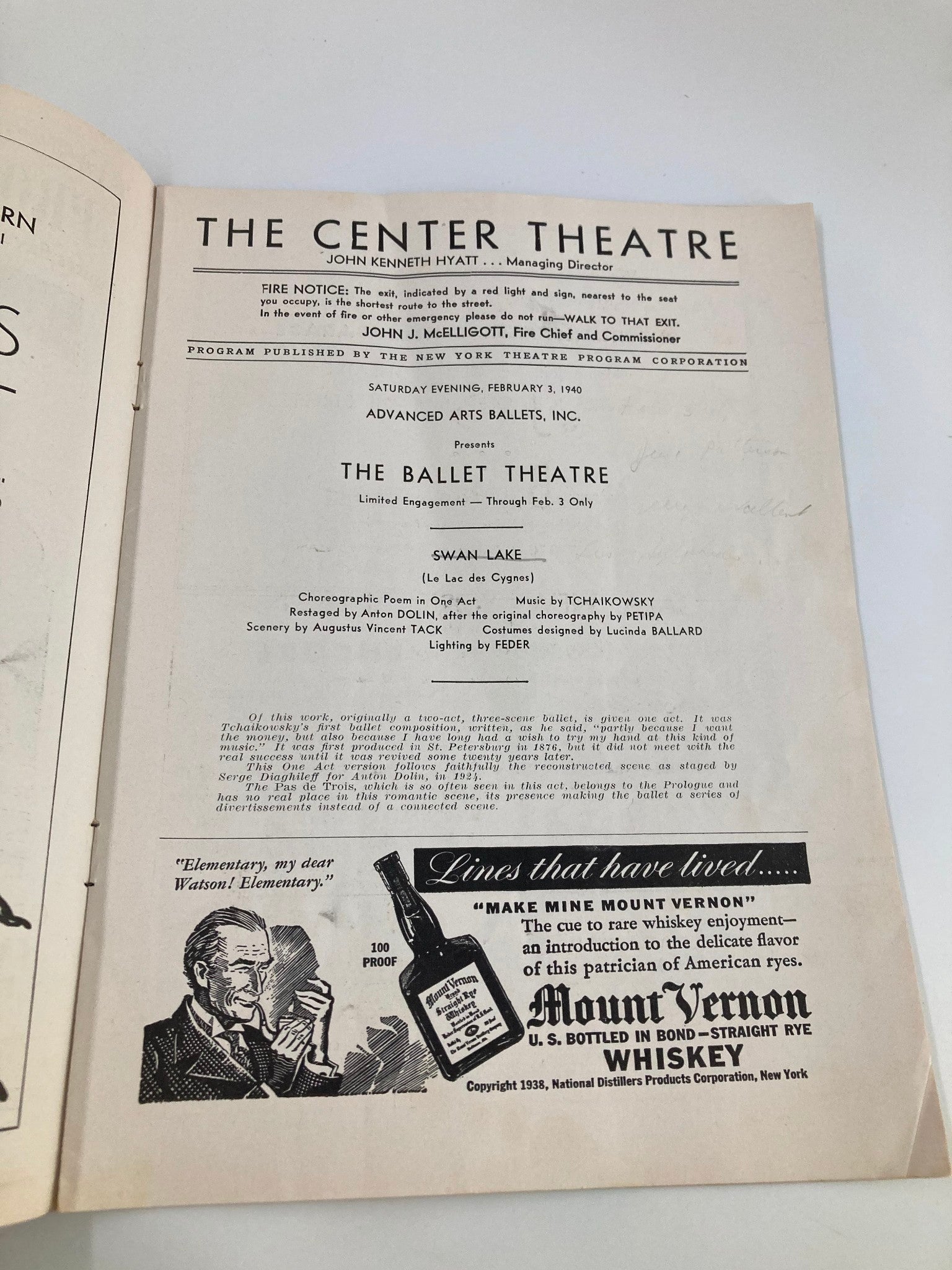 1940 The Center Theatre The Ballet Theatre Swan Lake Le Lac des Cygnes