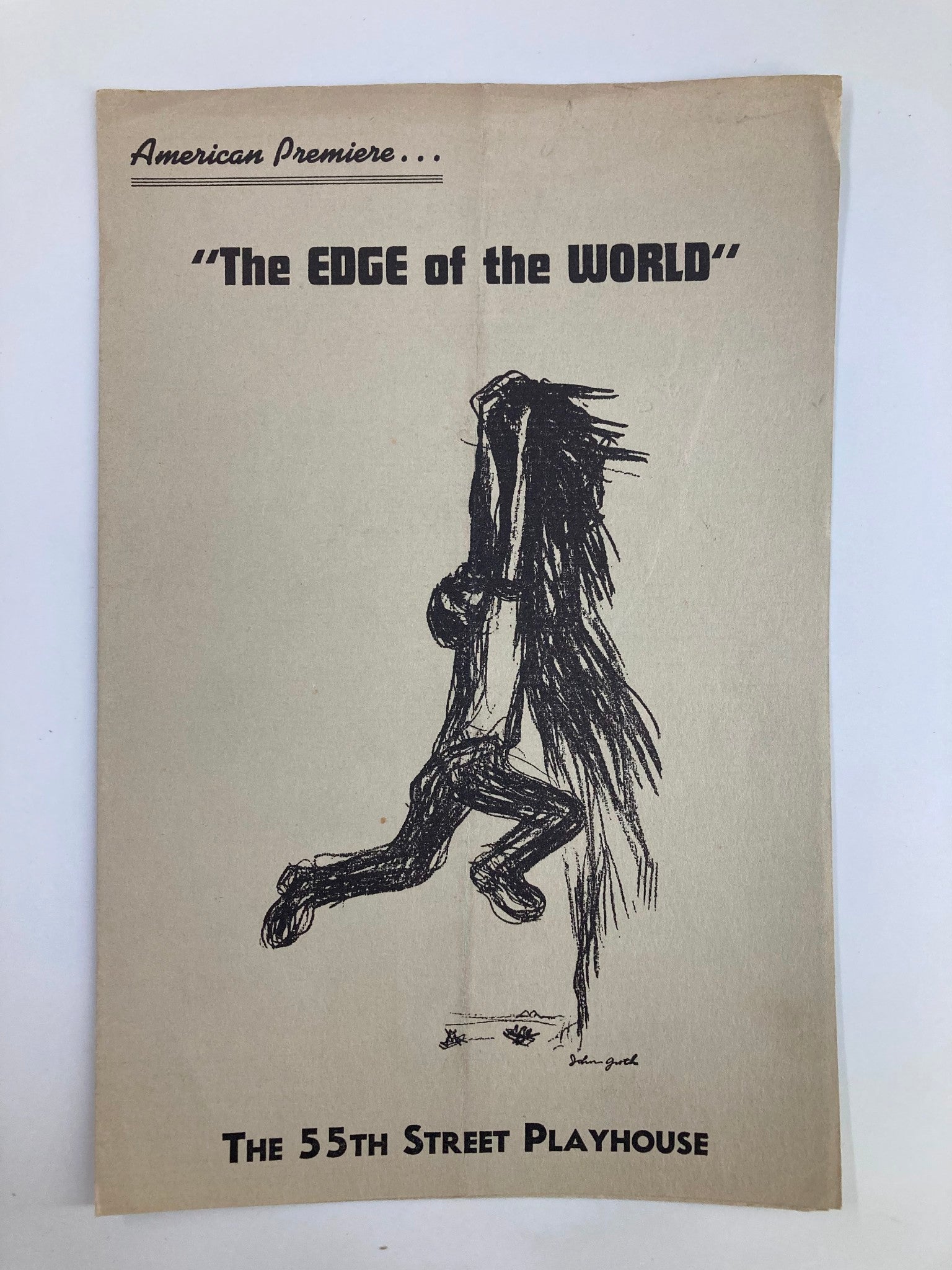 1940 American Premiere The 55th Street Playhouse The Edge of the World playbill featuring a stylized illustration of a figure climbing, symbolizing struggle and determination.