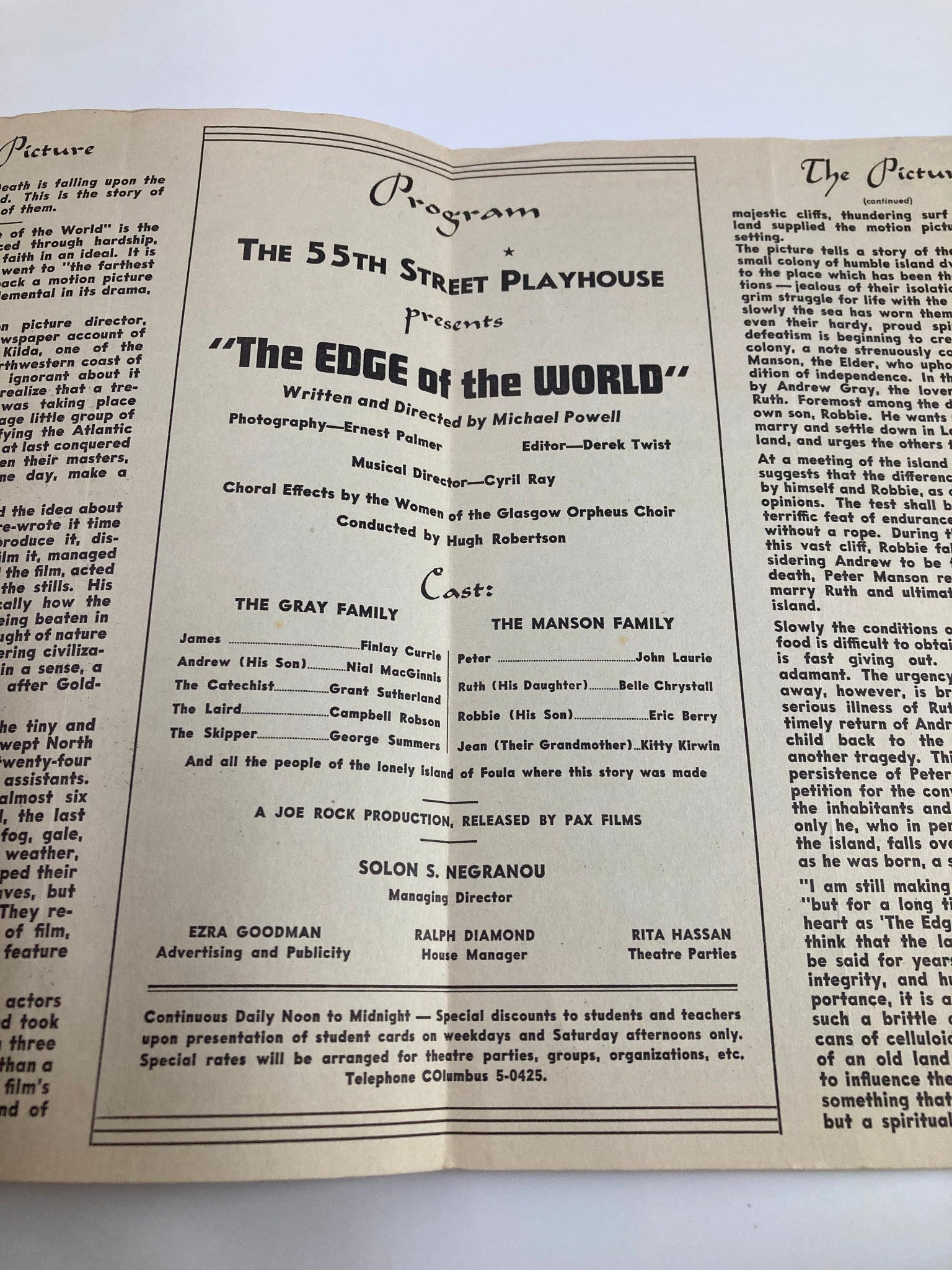 1940 American Premiere The 55th Street Playhouse The Edge of the World program detailing the cast and production credits, emphasizing its theatrical significance.