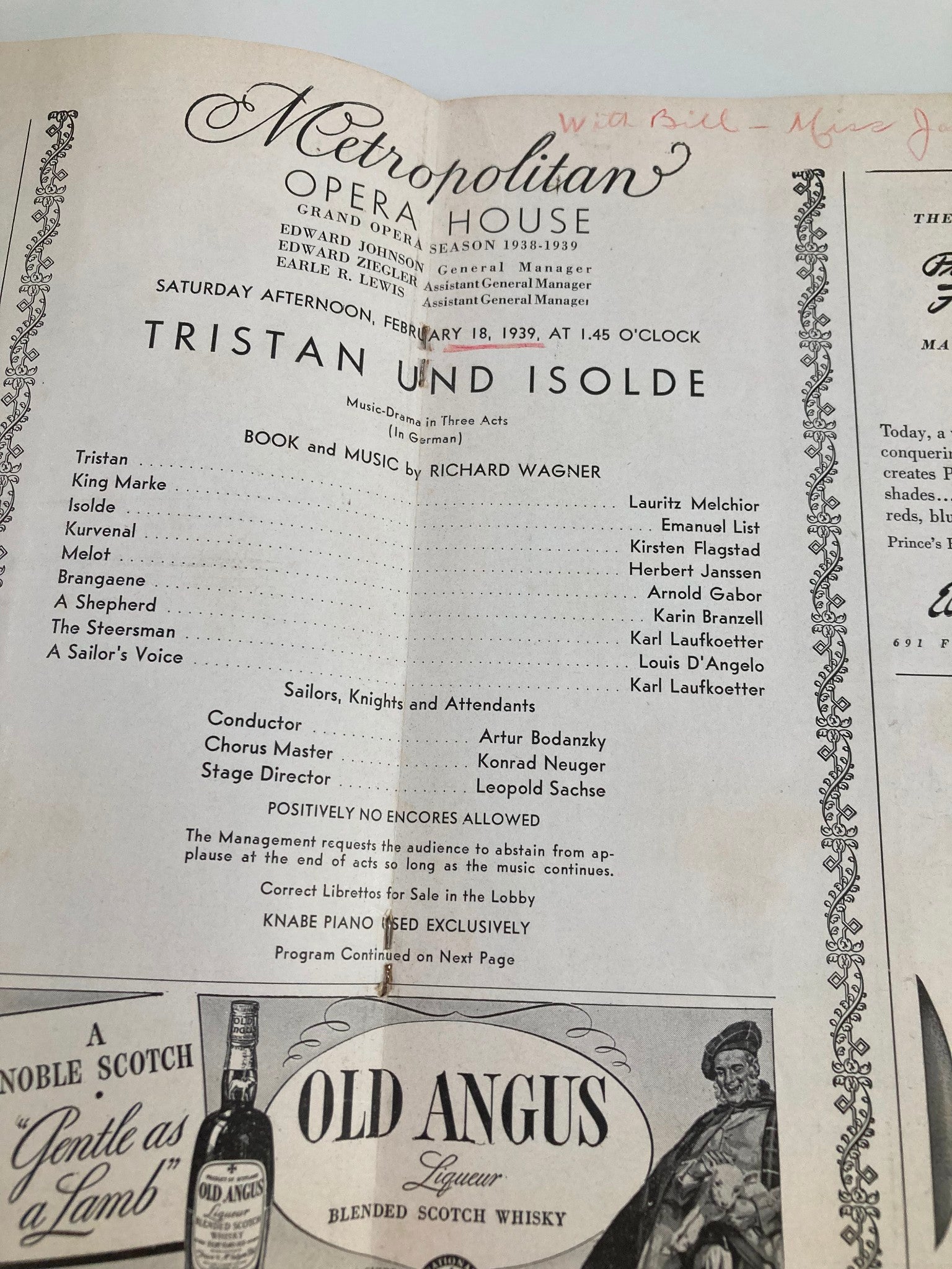 1937 Metropolitan Opera House Tristan Und Isolde by Richard Wagner