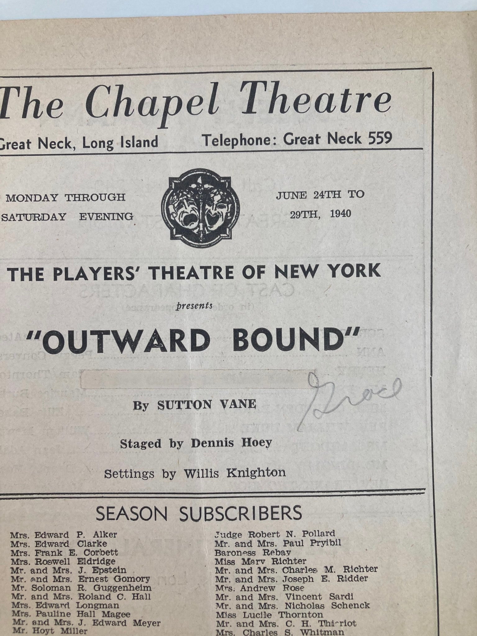 1940 Players Theatre of New York The Chapel Theatre Outward Bound by Sutton Vane