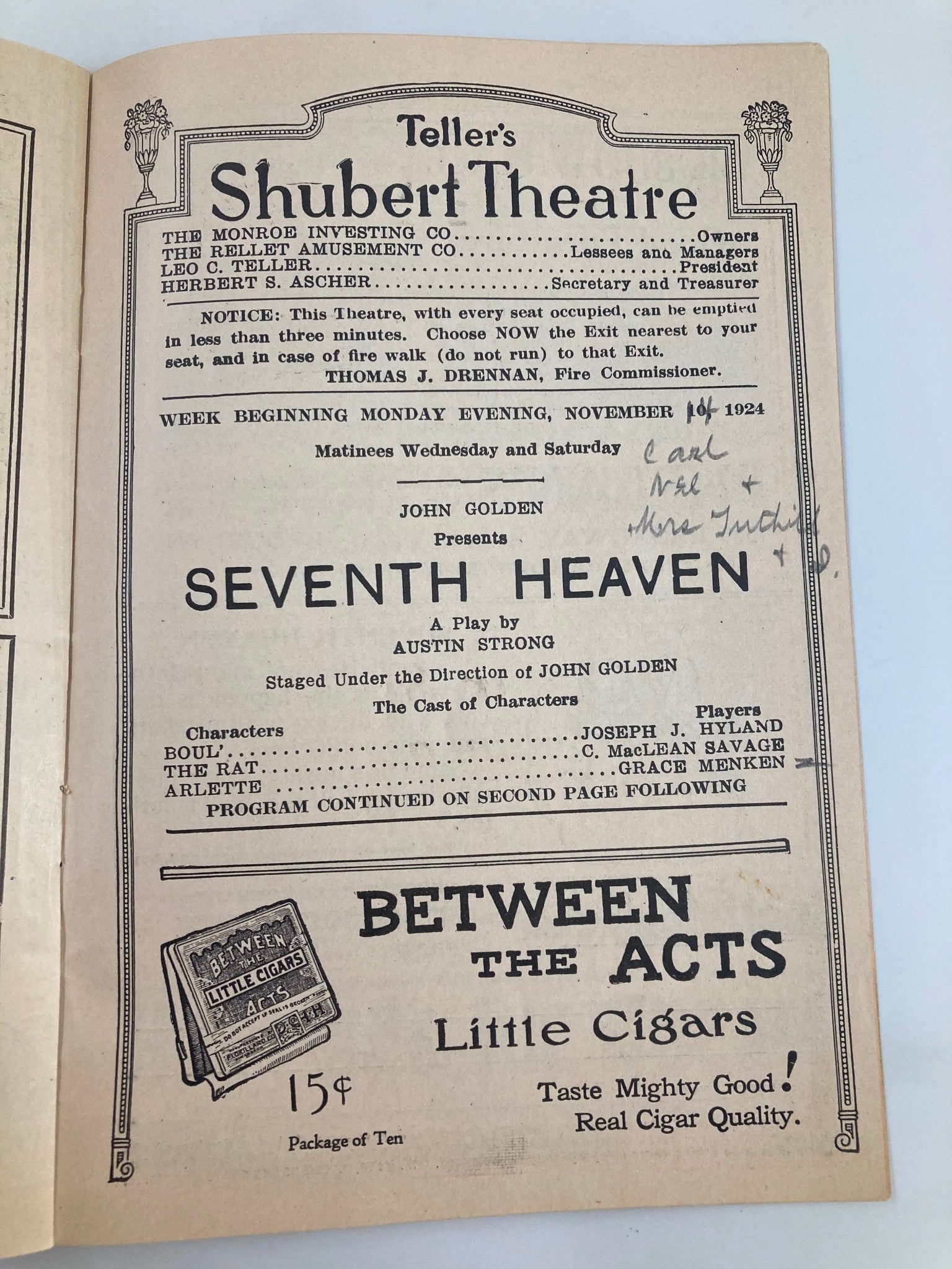 1924 Teller's Shubert Theatre Seventh Heaven by Austin Strong