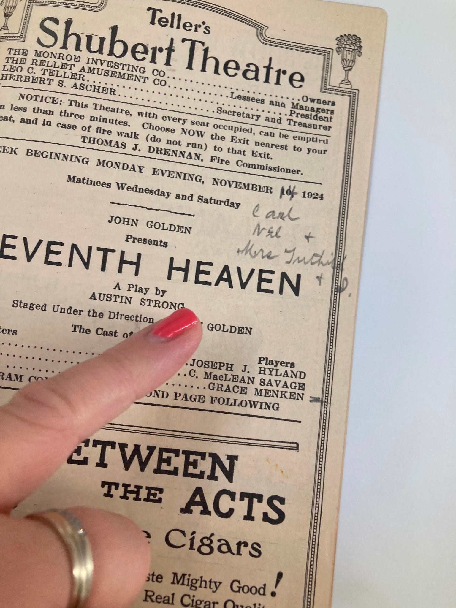 1924 Teller's Shubert Theatre Seventh Heaven by Austin Strong