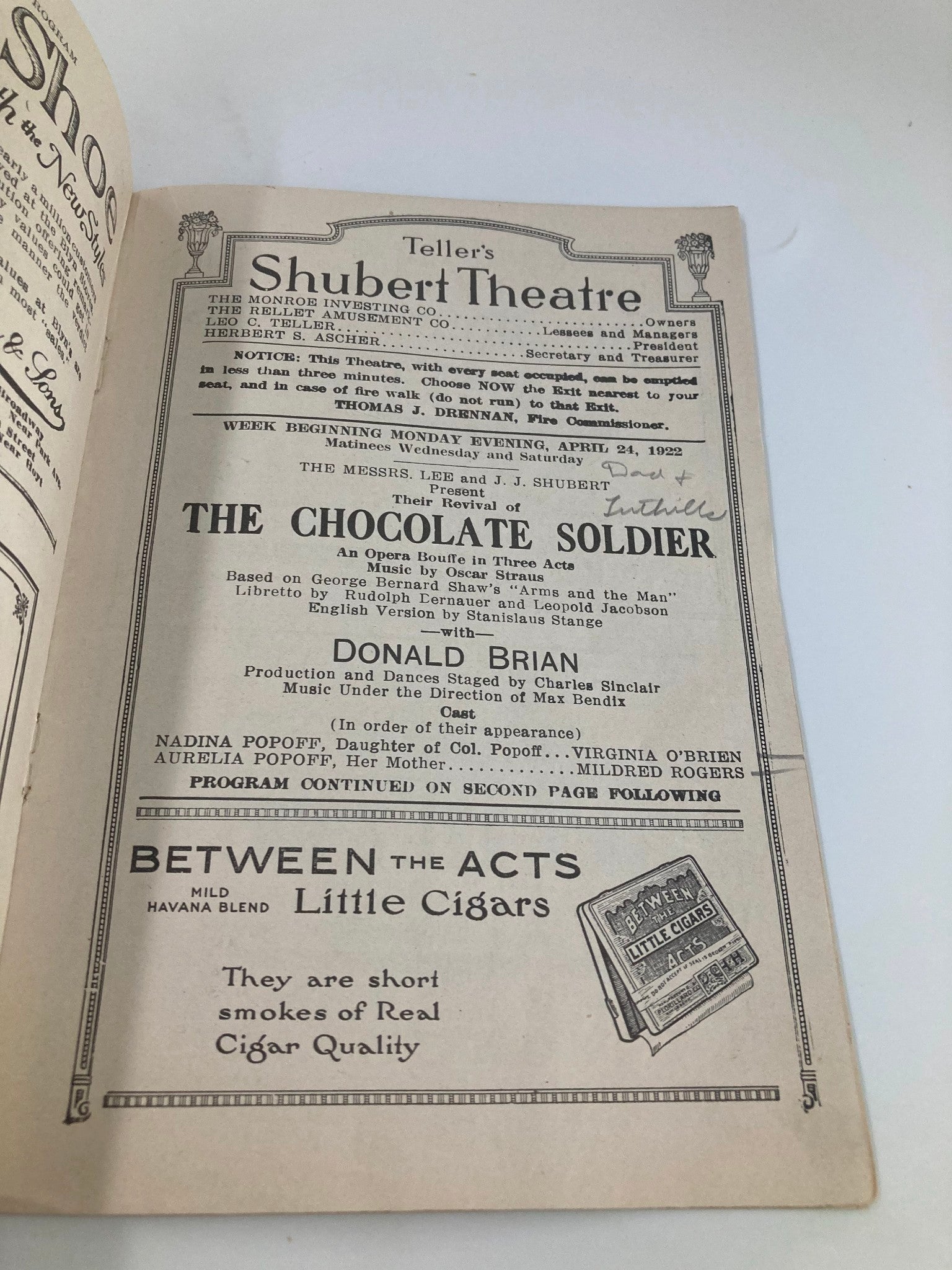 1924 Teller's Shubert Theatre The Chocolate Soldier with Donald Brian