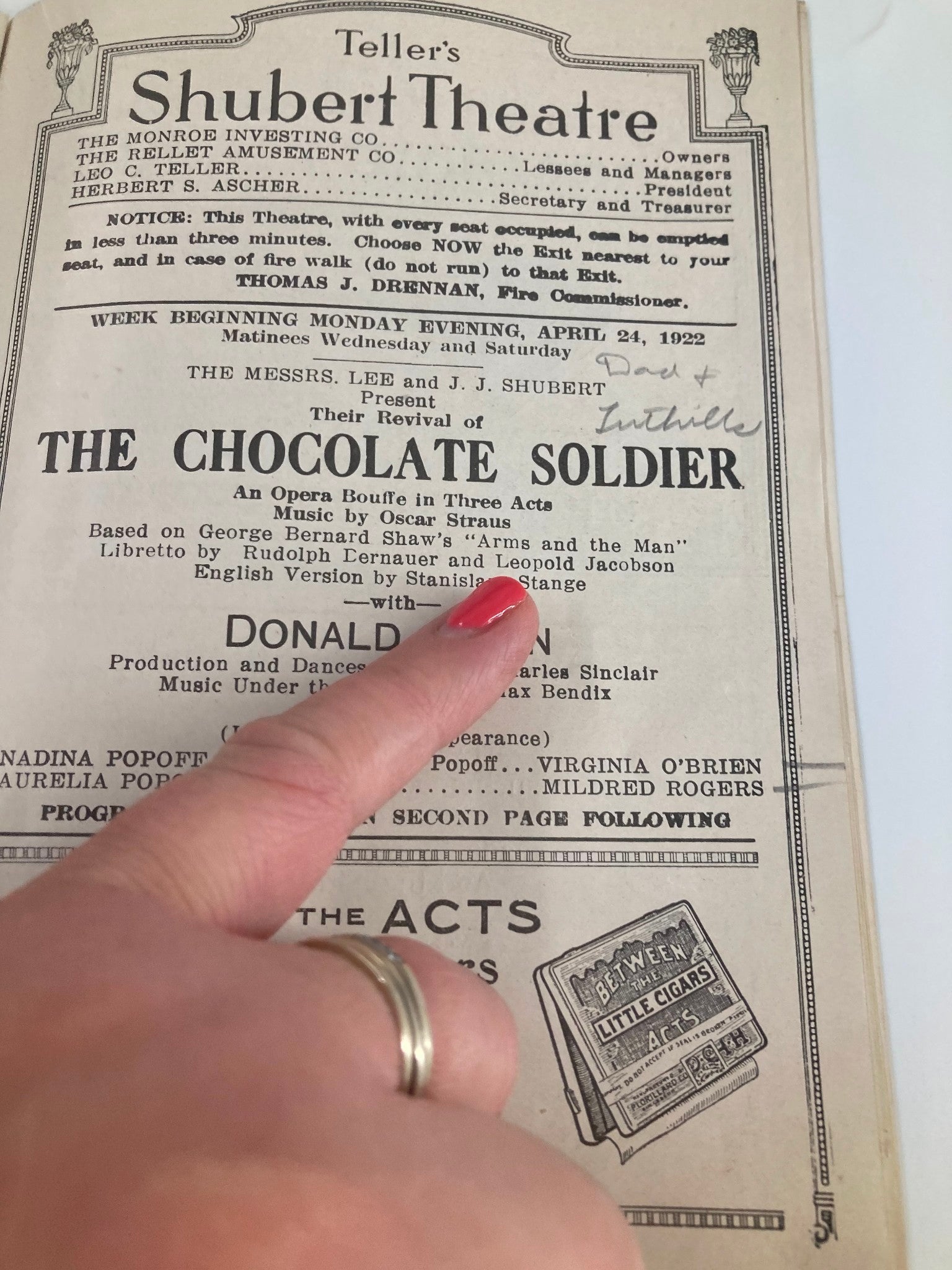 1924 Teller's Shubert Theatre The Chocolate Soldier with Donald Brian