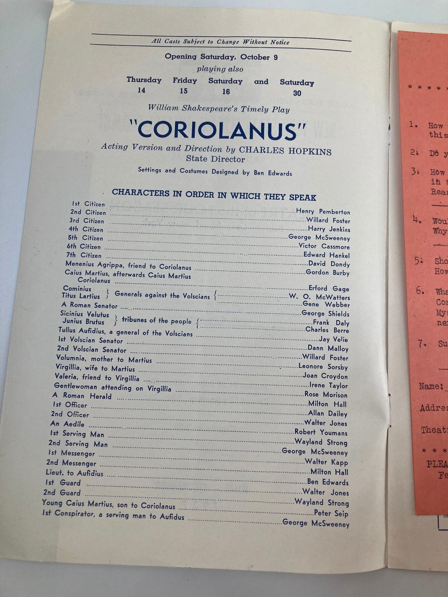 1937 New York State Federal Theatre Project Coriolanus by Charles Hopkins